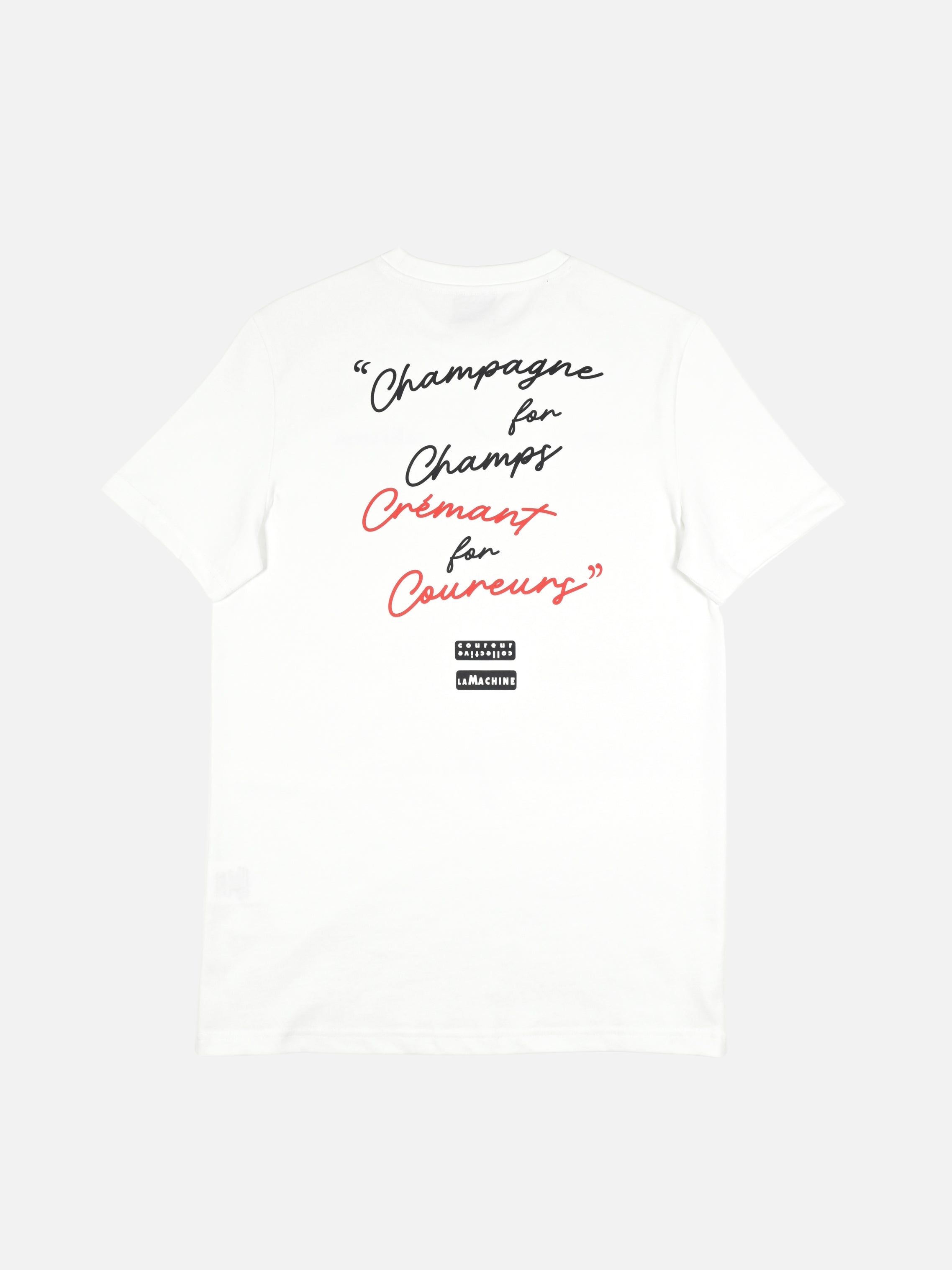 Detail view of the Crémant for Coureurs - T-shirt by La Machine Cycle Club.