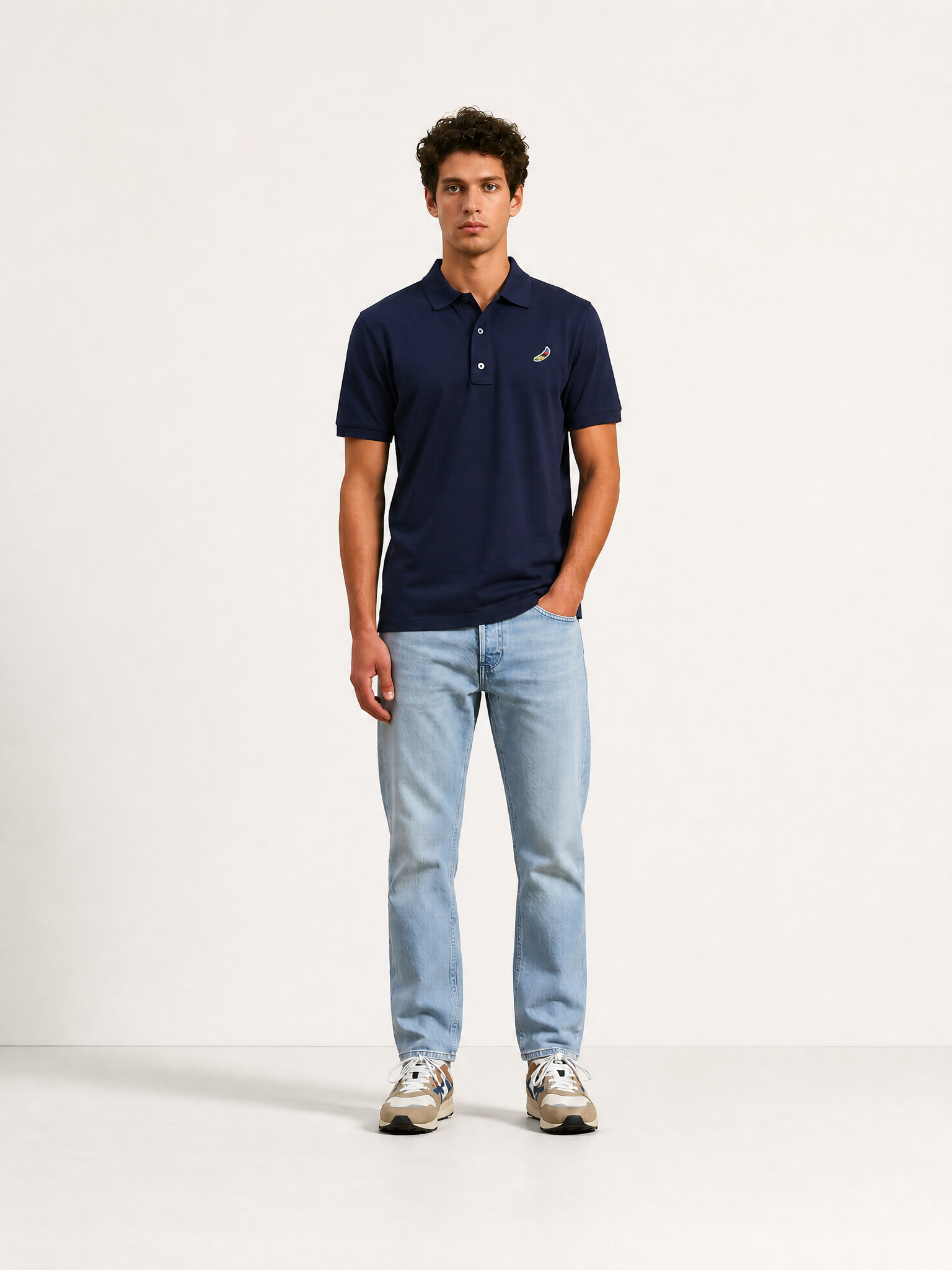 A model wearing the Food of Champions - Polo Shirt by La Machine Cycle Club.