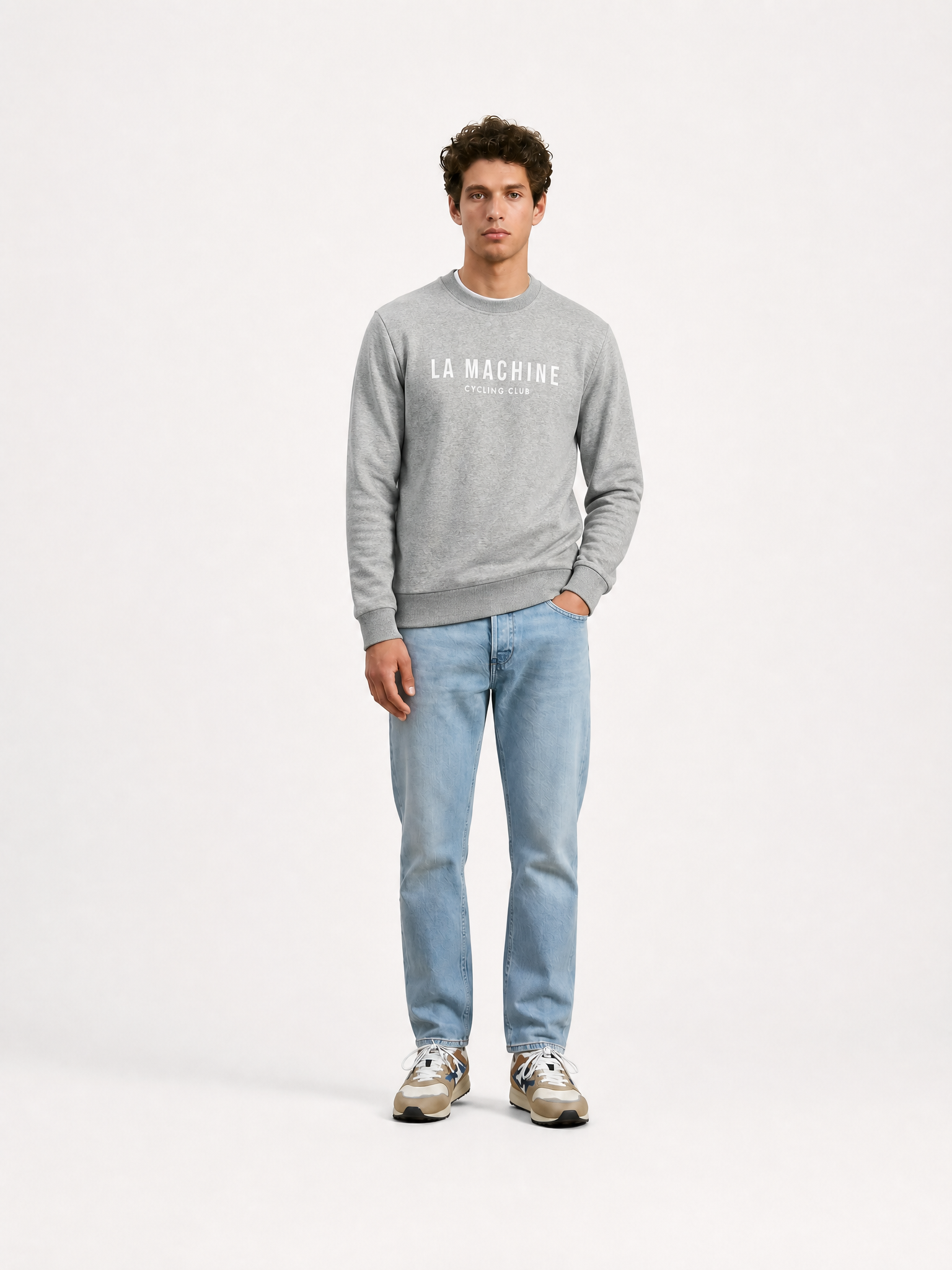 A model wearing the La Machine Club Line - Sweatshirt - Grey Melange by La Machine Cycle Club.