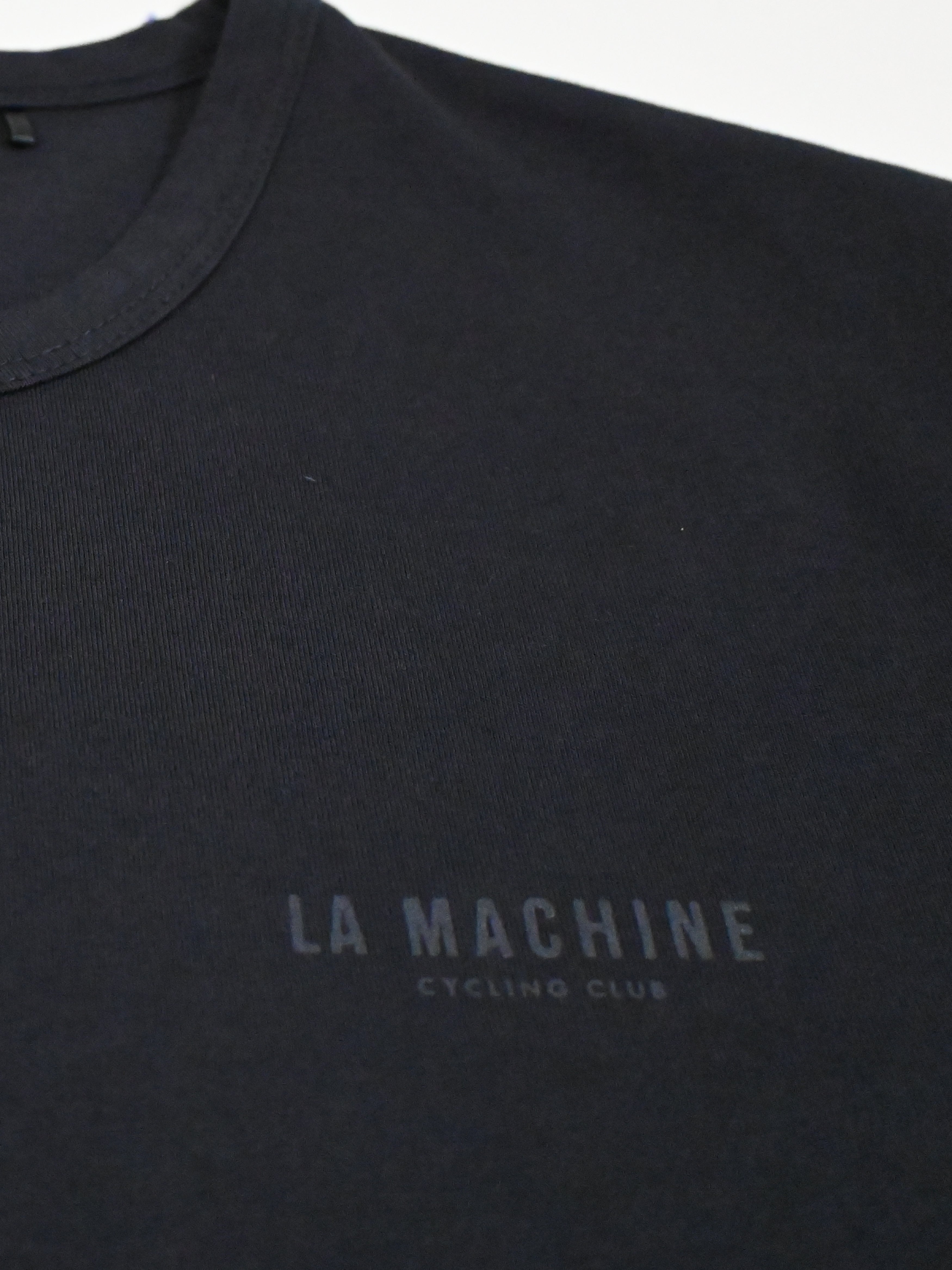 The La Machine Club Line T-shirt - Dark Navy by La Machine Cycle Club, shown from another angle.