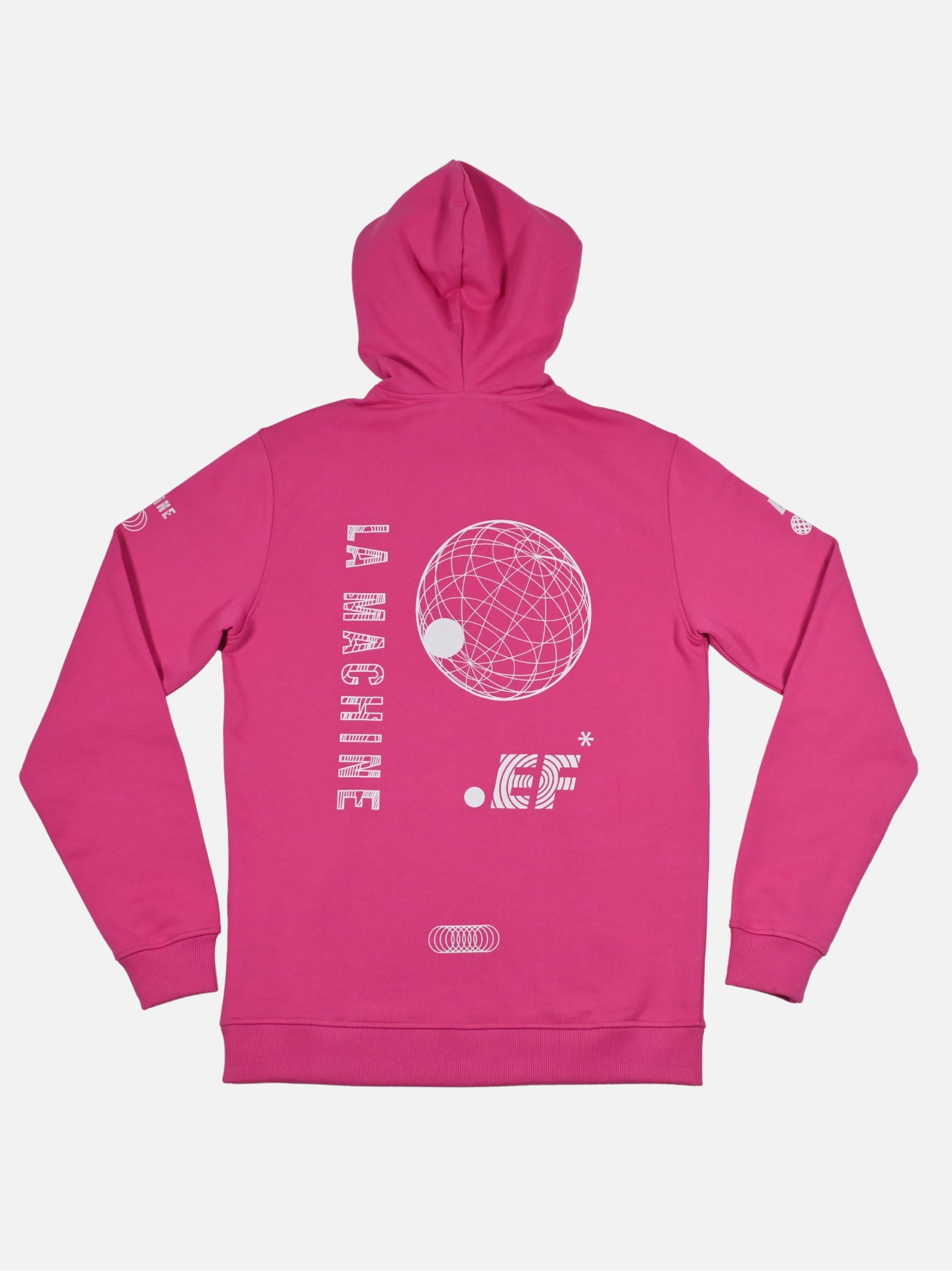 Detail view of the La Machine X EF Pro Cycling - Globe Hoodie - Pink by La Machine Cycle Club.