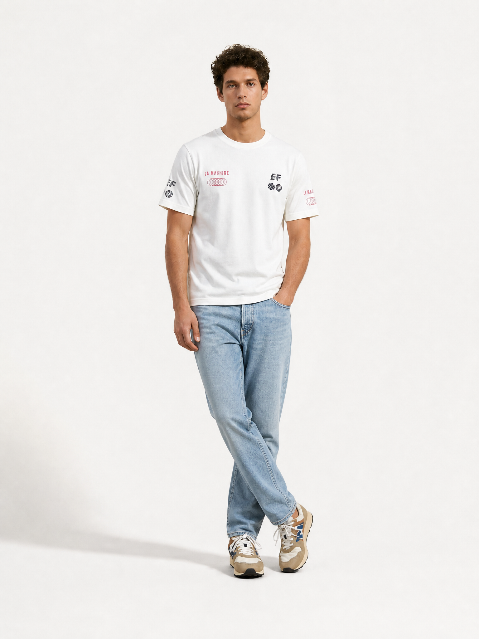 A model wearing the La Machine X EF Pro Cycling - Globe T-shirt - Off White by La Machine Cycle Club.