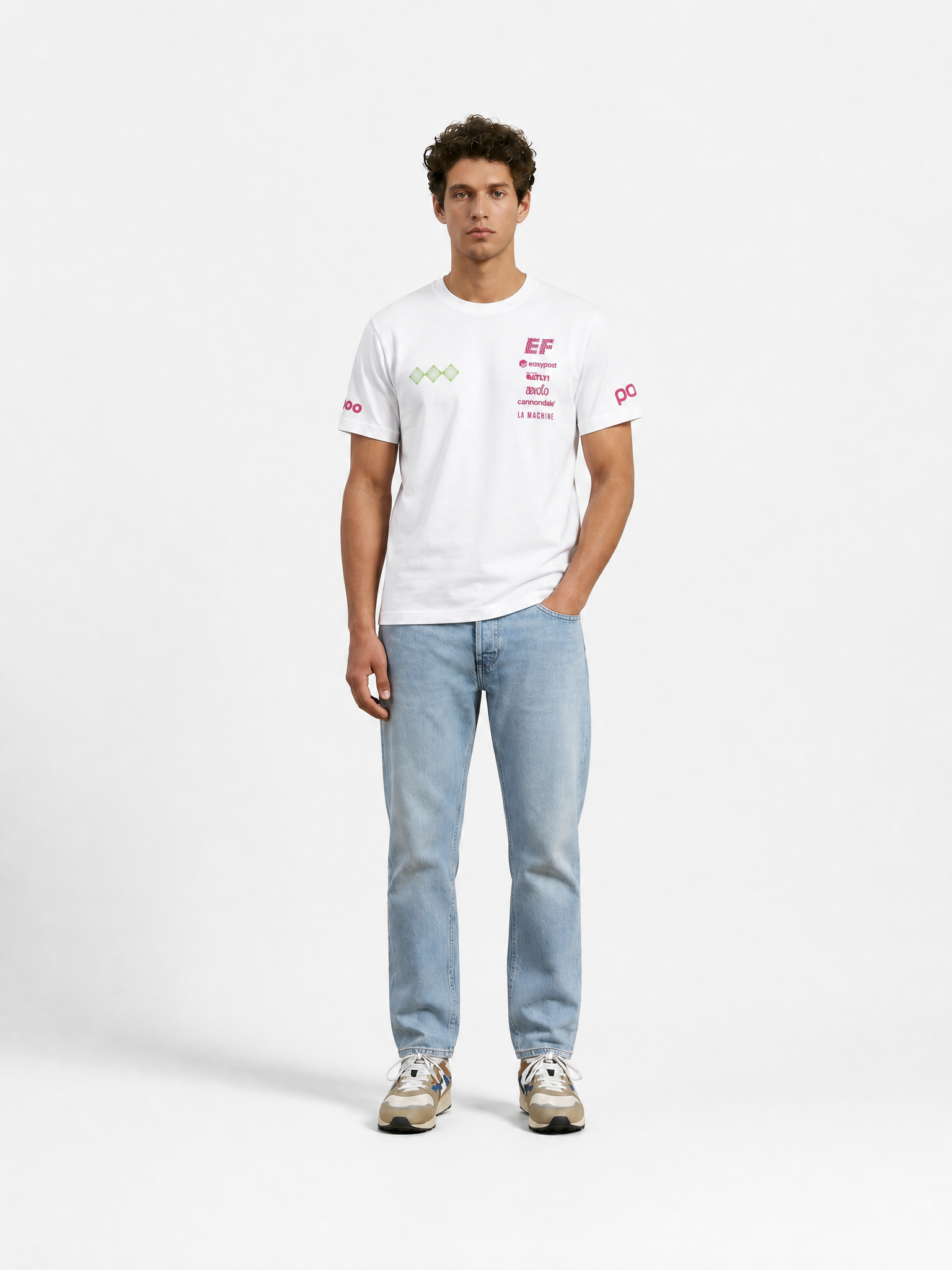 A model wearing the La Machine X EF Pro Cycling - Reverted T-shirt - White by La Machine Cycle Club.
