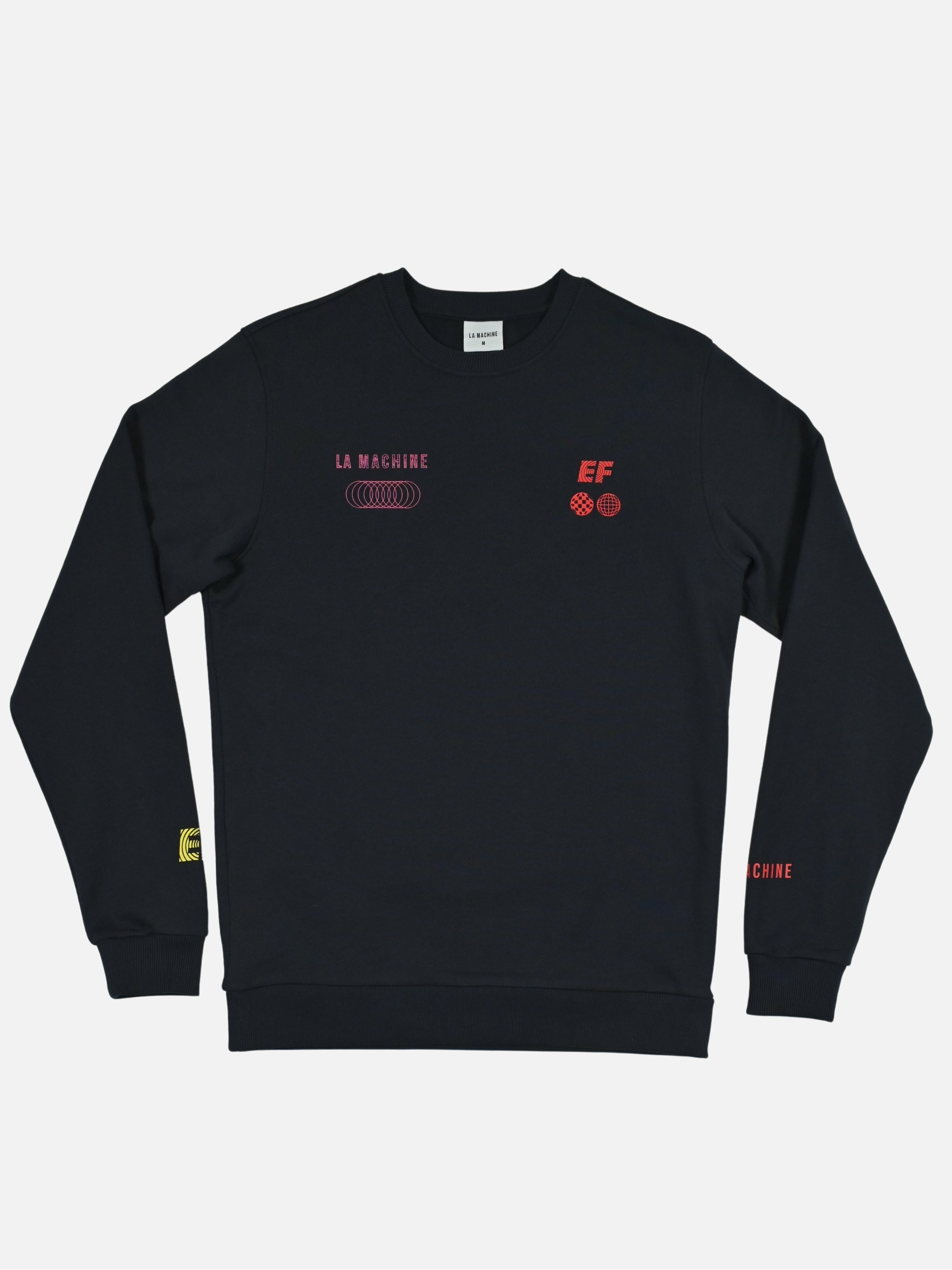A dark navy blue La Machine x EF Pro Cycling Dimension sweatshirt with the collaboration graphic, shown on a plain background.