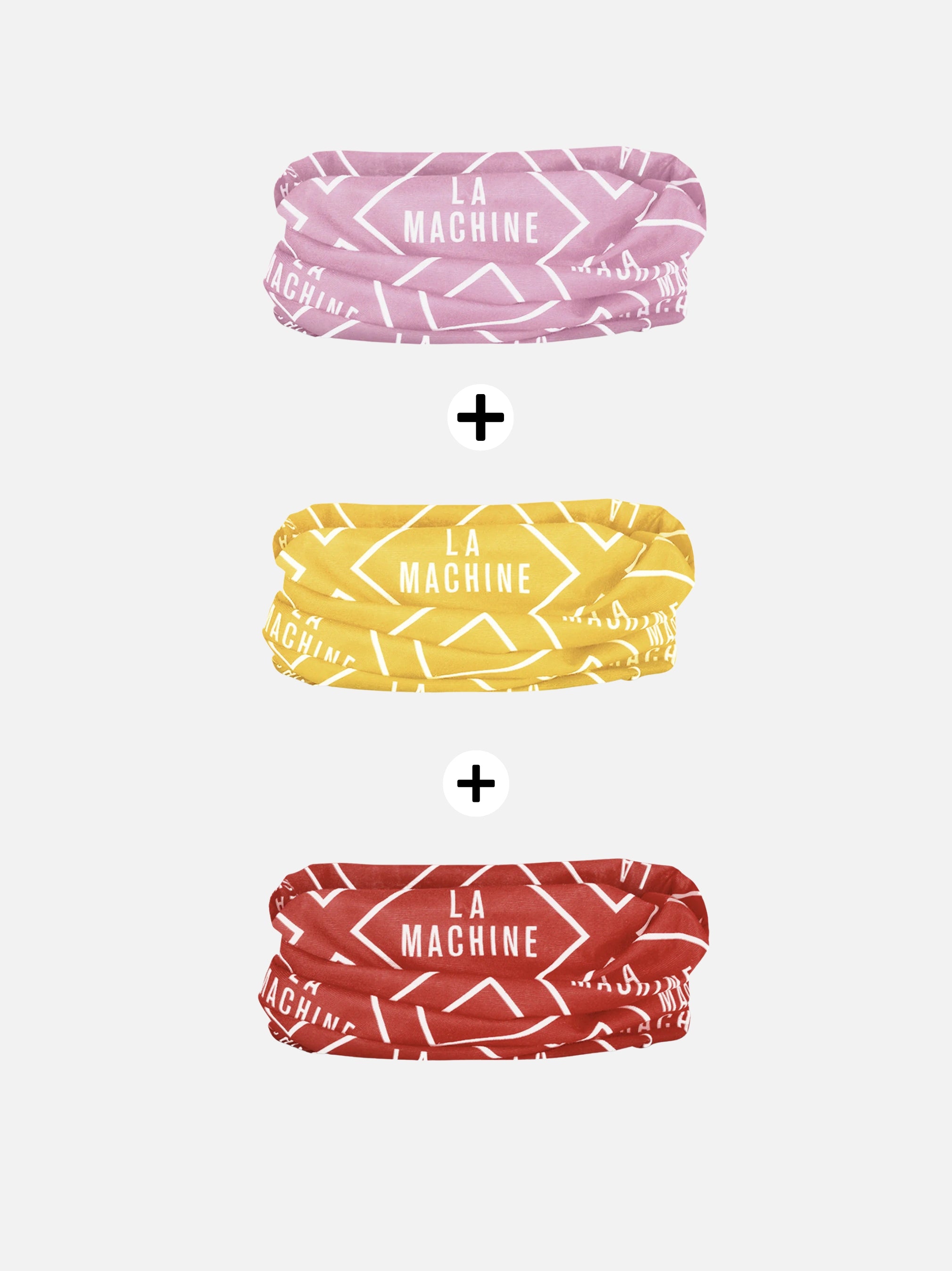 Three La Machine neck warmers in Grand Tours colours — pink, yellow and red — versatile tubes worn as neck warmer, face covering or hat.
