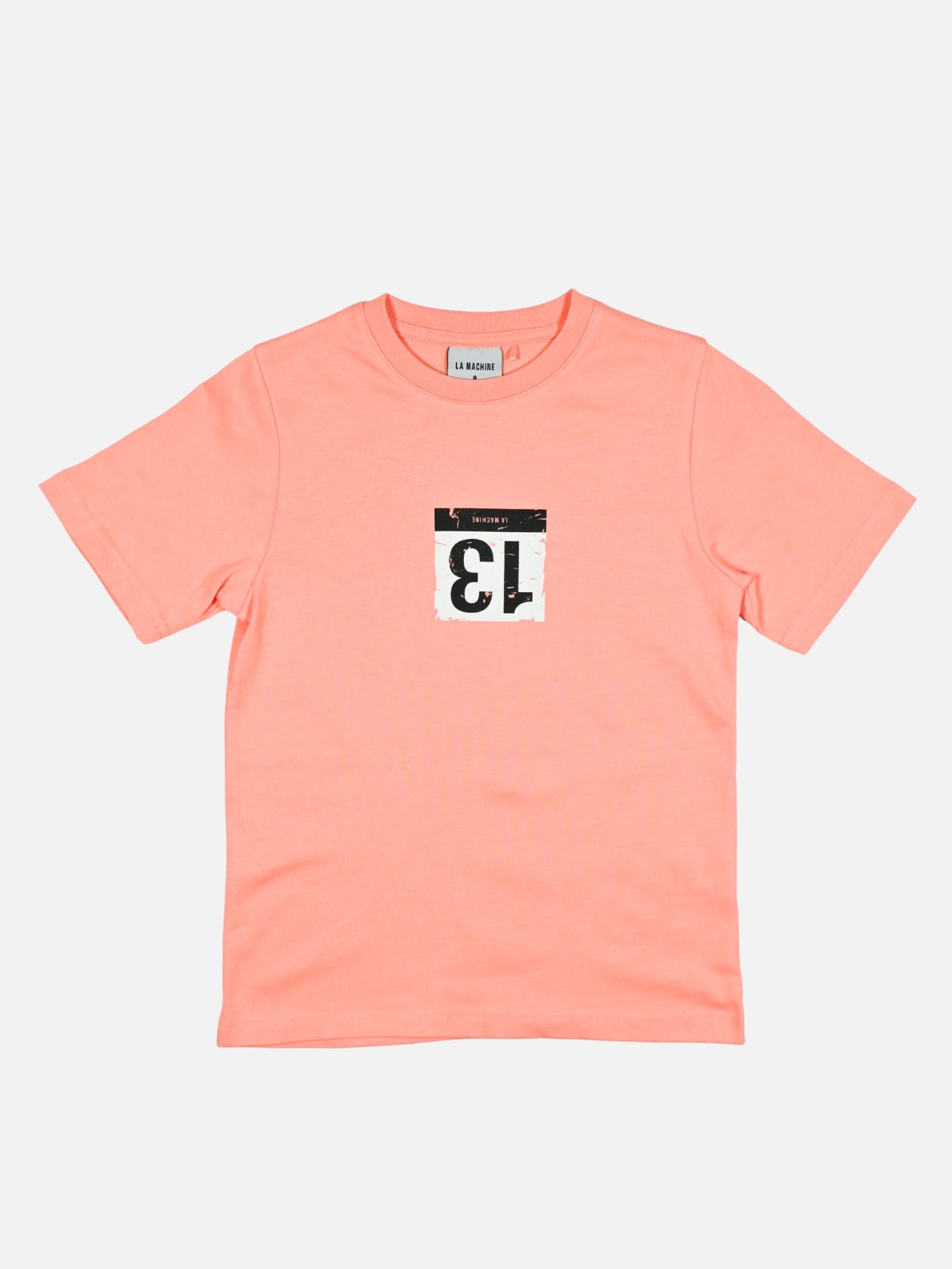 Kids' t-shirt by La Machine with a race number 13 print pinned upside down, a nod to cycling superstition, shown on a plain background.