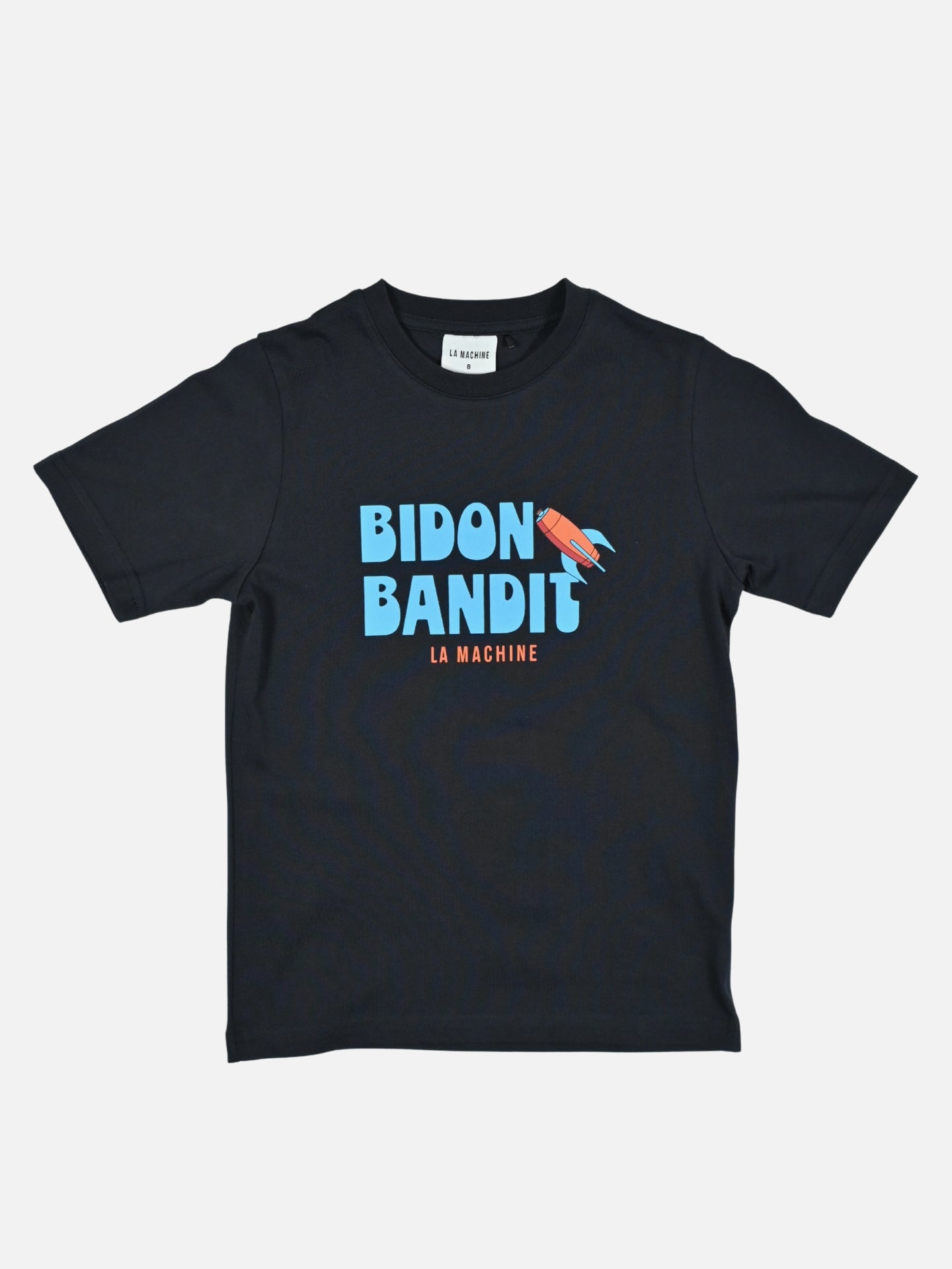 Kids' t-shirt by La Machine with a playful Bidon Bandit print celebrating roadside bottle-catching, shown on a plain background.