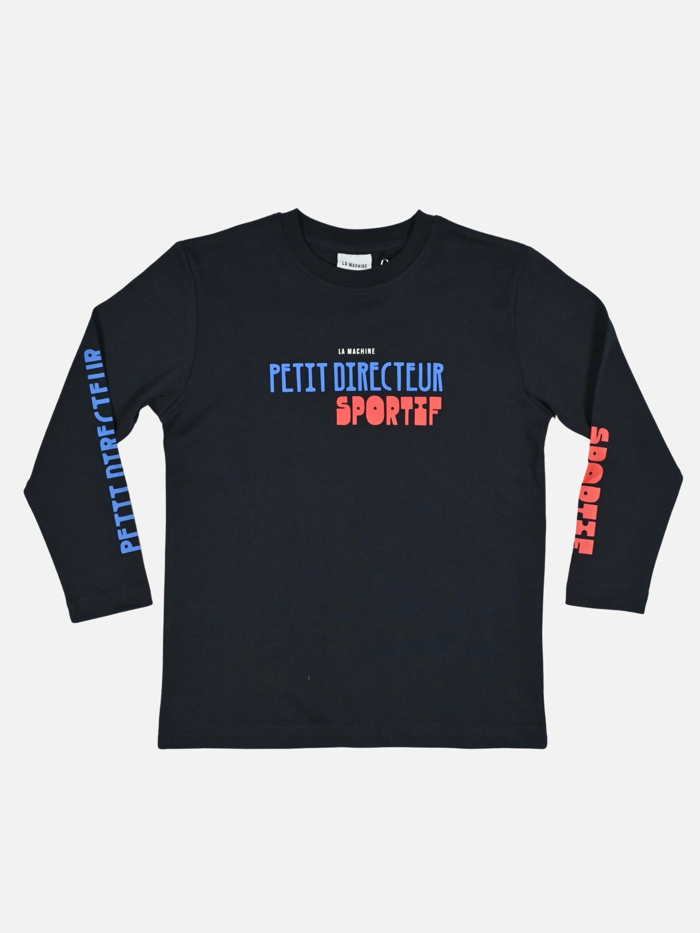 Navy kids' long-sleeve tee by La Machine for the future Directeur Sportif, shown on a plain background.