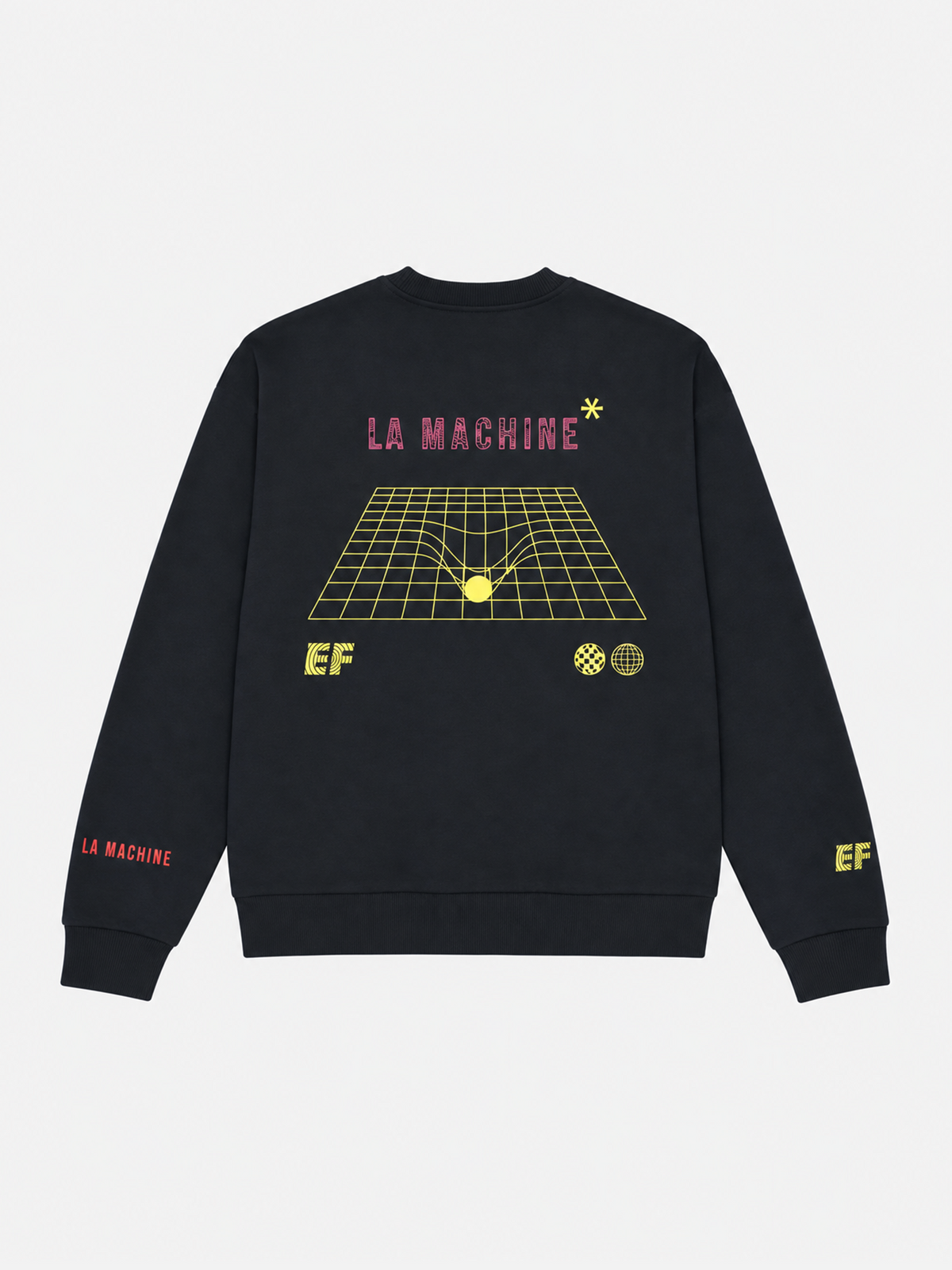 Detail of the print on the EF Pro Cycling Dimension sweatshirt in dark navy blue.