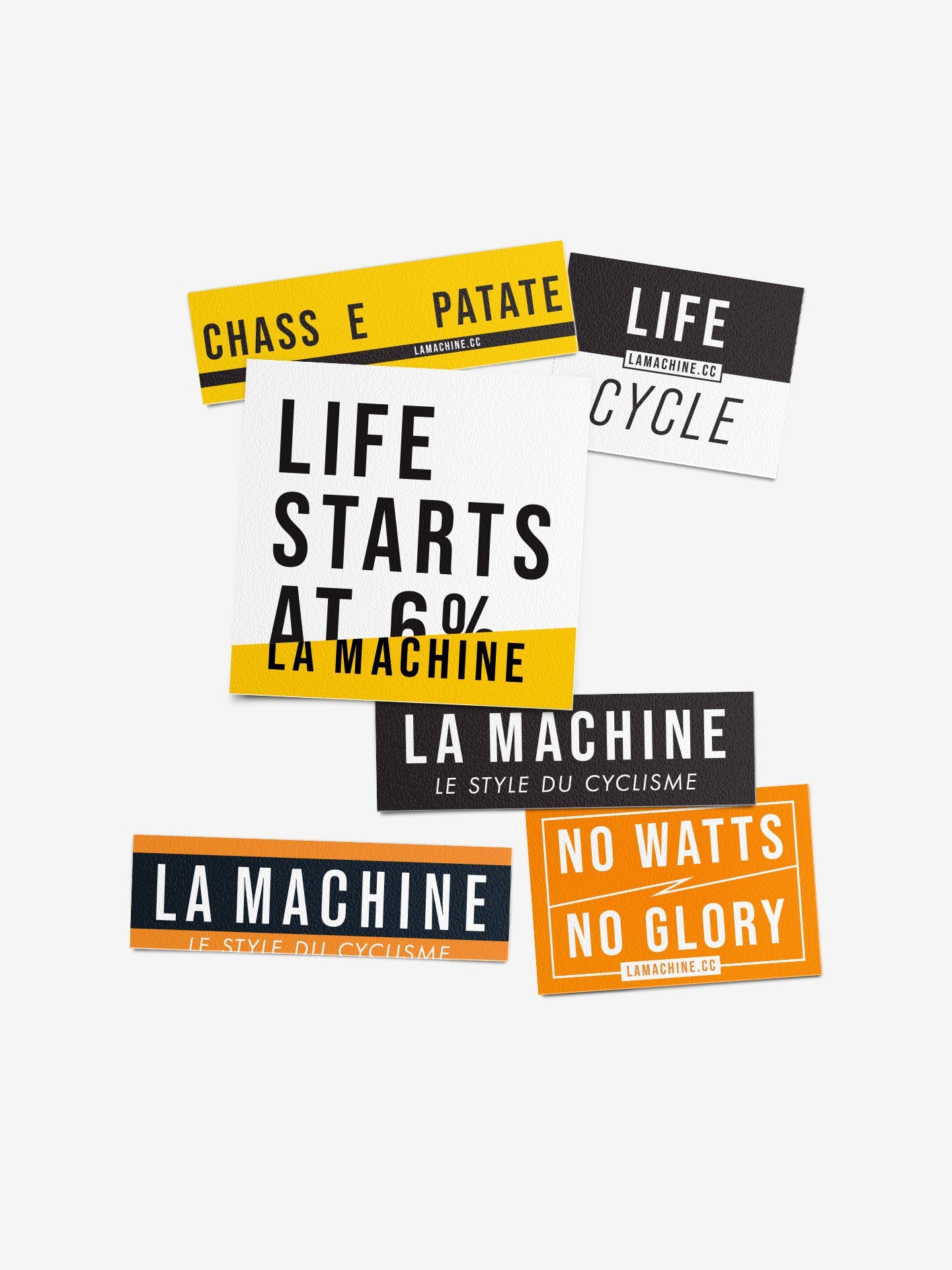 The La Machine Cycle Club Sticker Set - 6x includes six durable cycling-themed vinyl stickers with phrases like “LIFE STARTS AT 6%” in black, white, orange, and yellow—perfect for outdoor use.