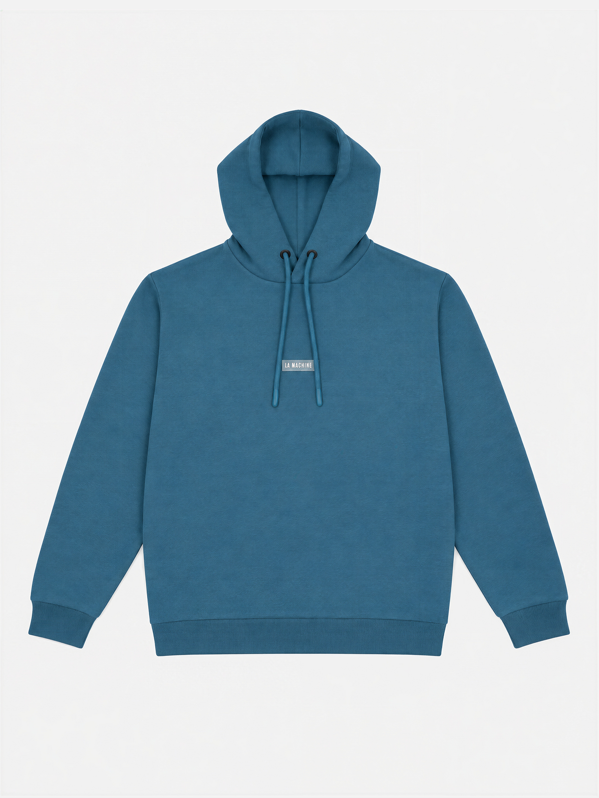 Front view of the Beyond the Bike Hoodie in Orion Blue, laid flat.