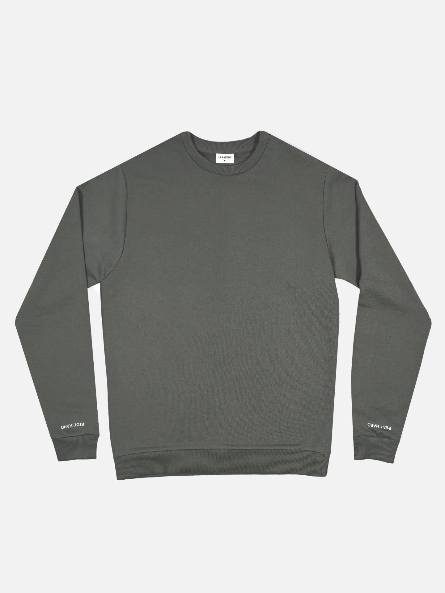 The Ride Hard Rest Hard Sweatshirt by La Machine Cycle Club is a mens long-sleeve crew neck in muted gray-green, displayed on a white background. Small white text appears near the wrists on the cuffs.