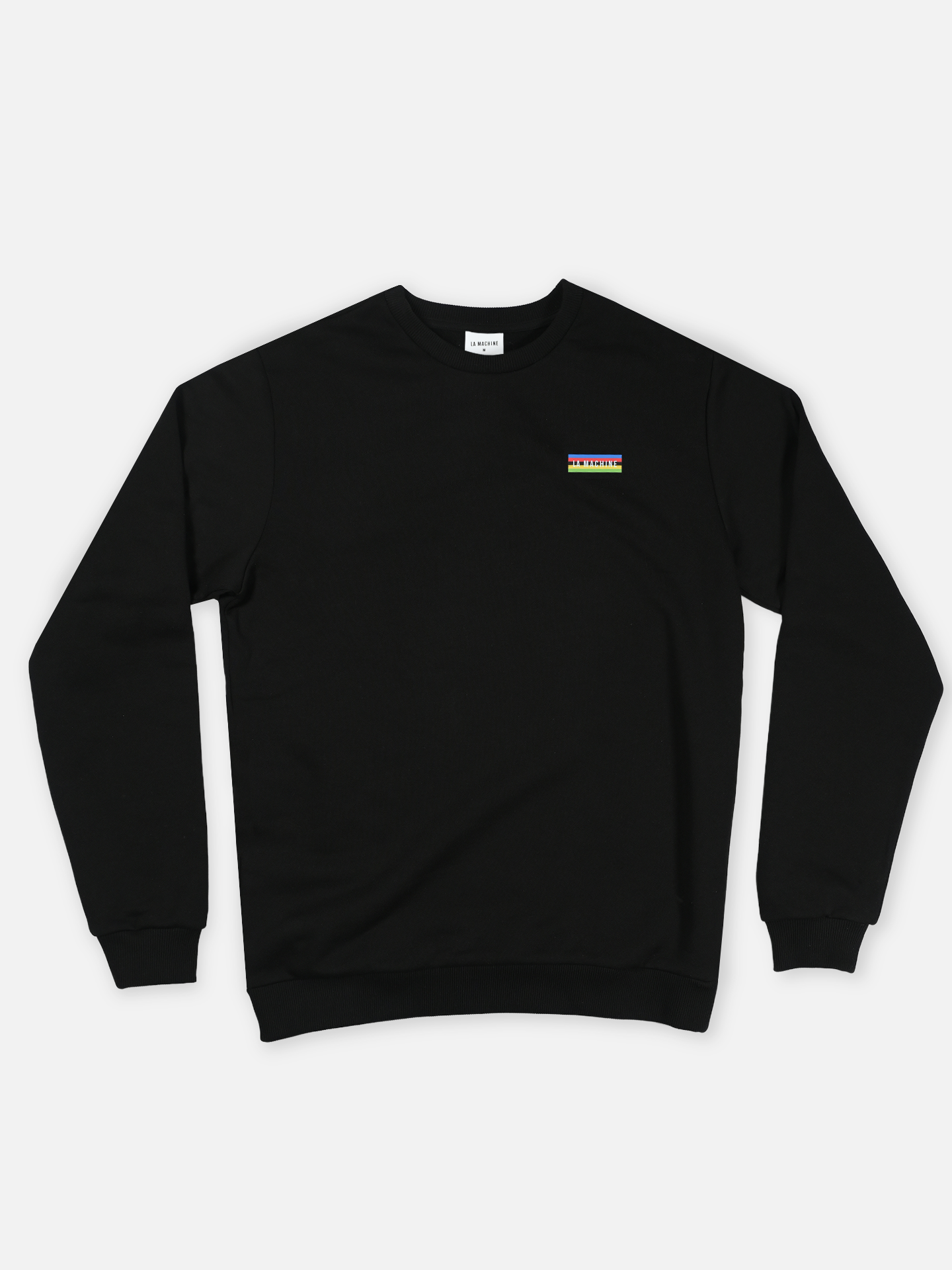 The Earn the Stripes - Sweatshirt in Jet Black by La Machine Cycle Club is a mens 100% cotton sweatshirt featuring a small rectangular rainbow patch and text on the left chest, shown against a white background.