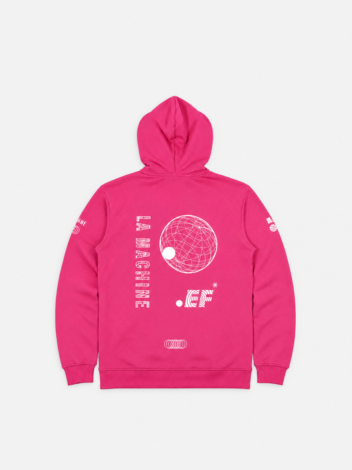Close-up of the print on the La Machine X EF Pro Cycling - Globe Hoodie - Pink by La Machine Cycle Club.