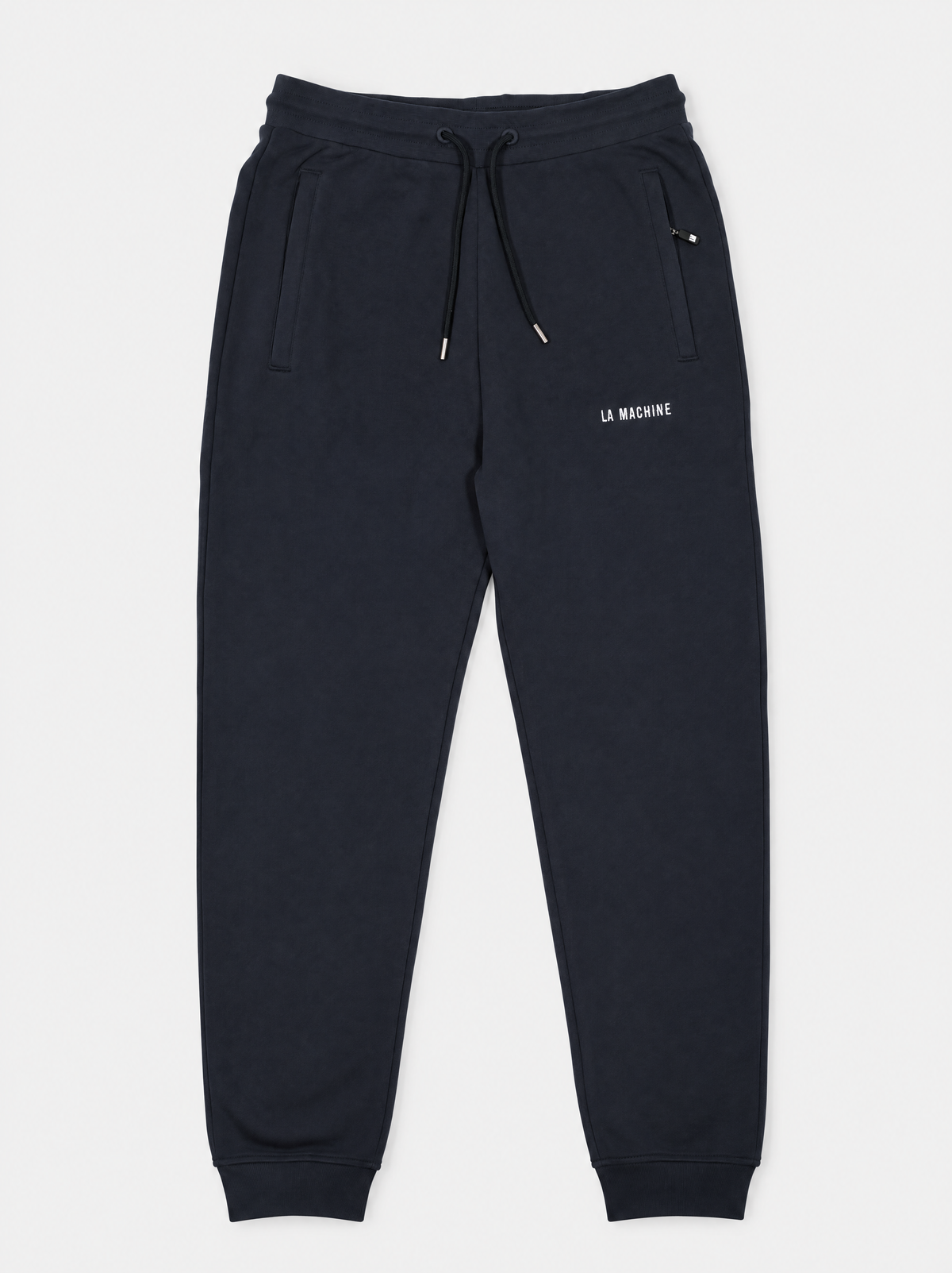Front view of the Tarmac Cartel sweatpants in dark navy blue, laid flat.