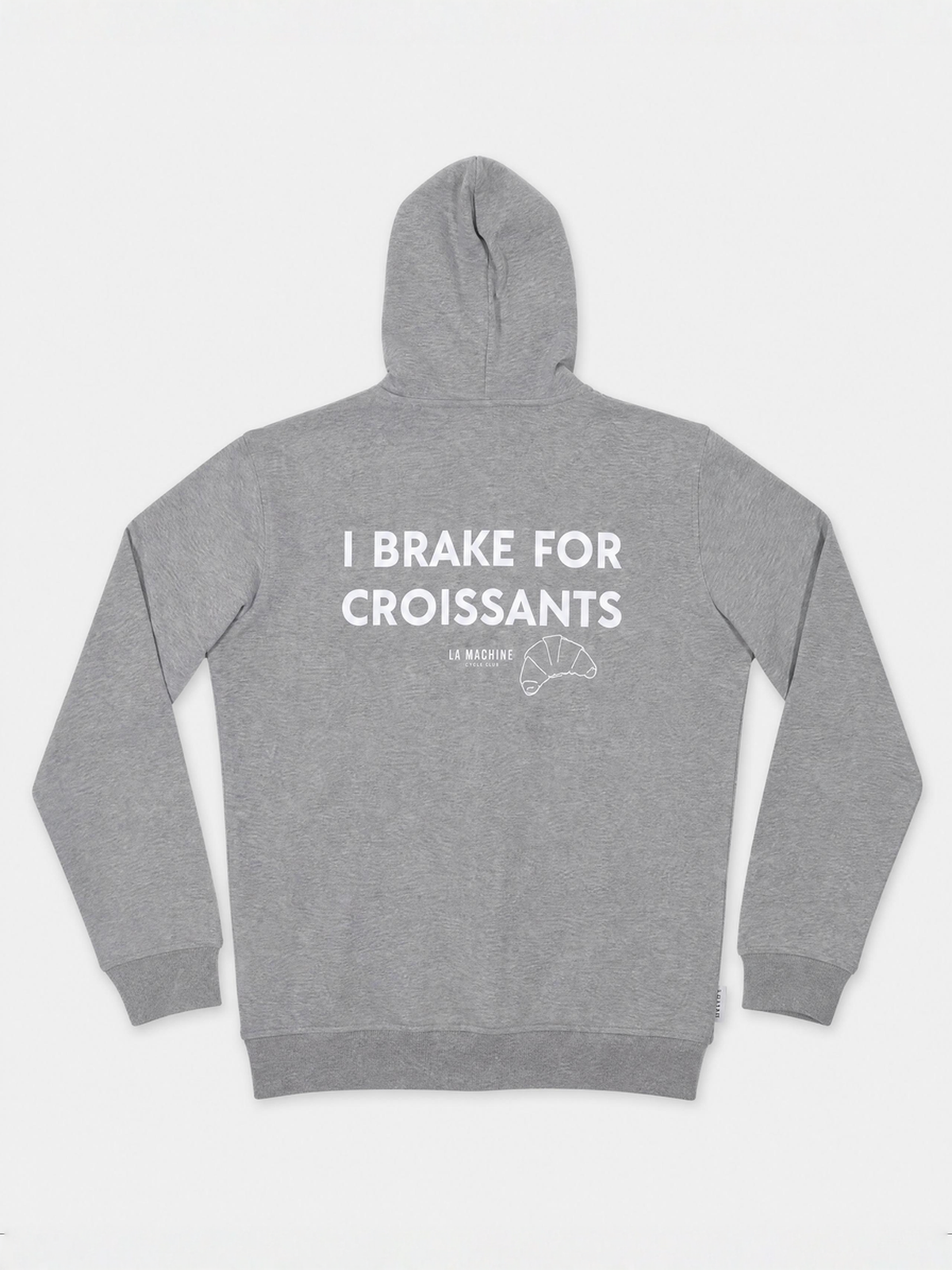 Front view of the I Brake for Croissants zipped hoodie in melange grey, laid flat.