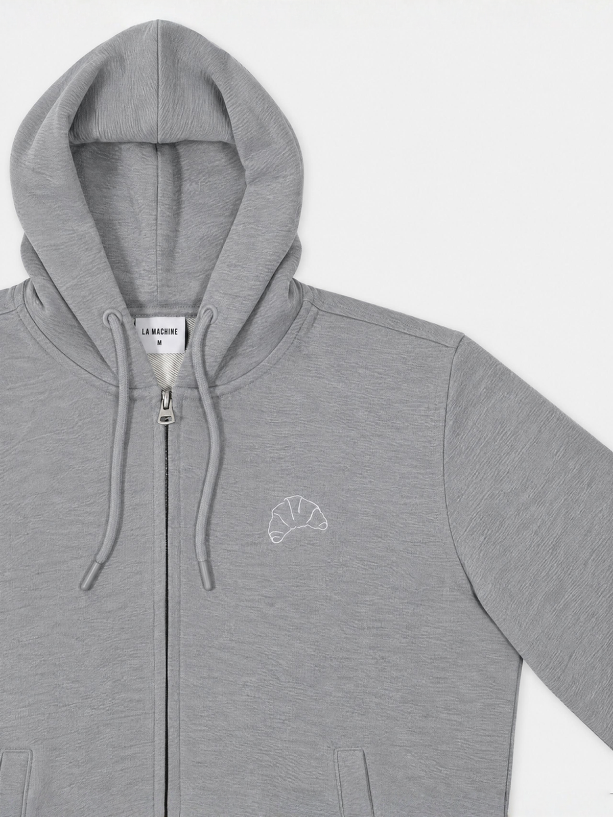The I Brake for Croissants zipped hoodie in melange grey, shown from another angle.