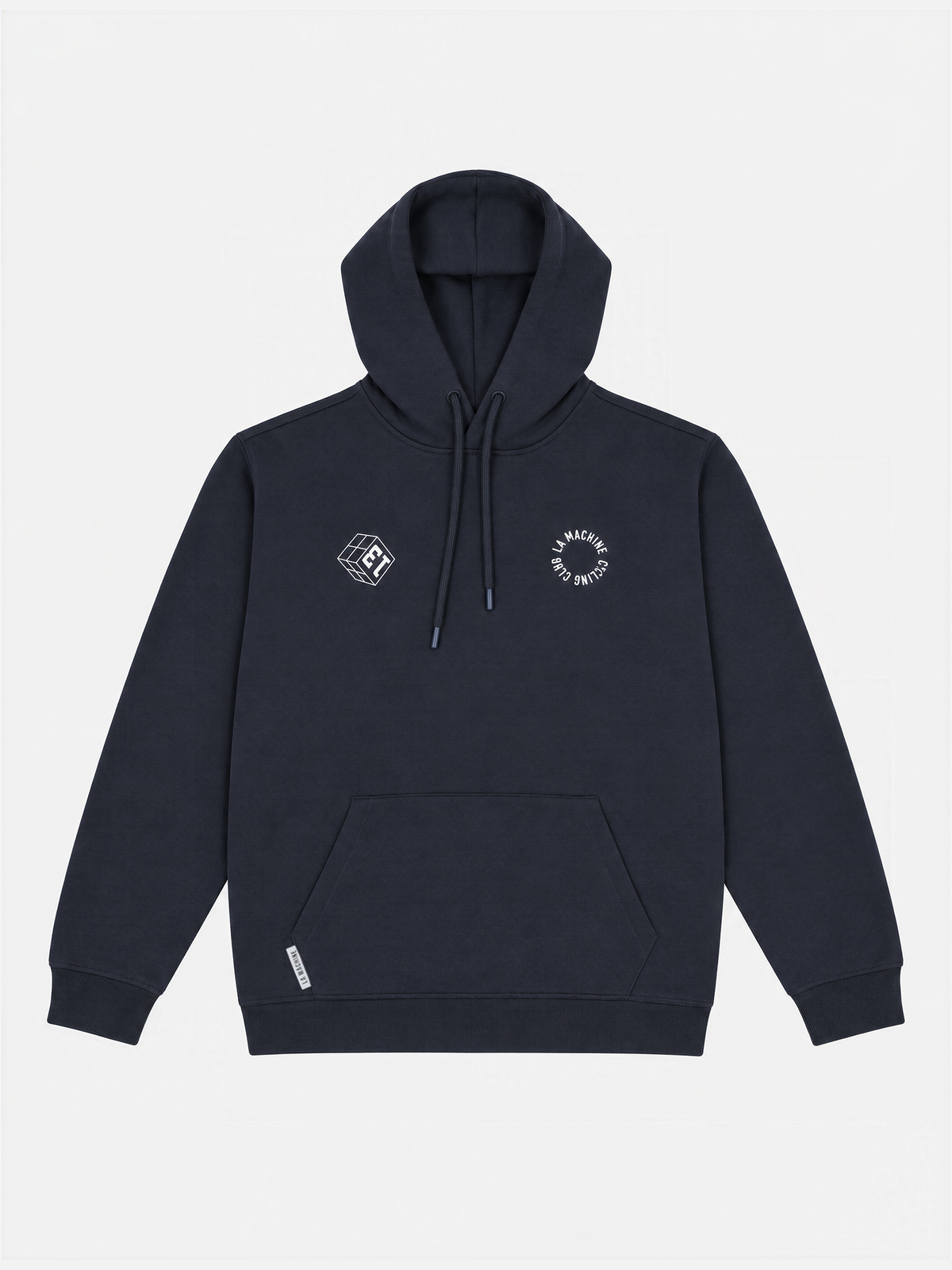 Front view of the Grand Tours Hoodie in dark navy blue, laid flat.