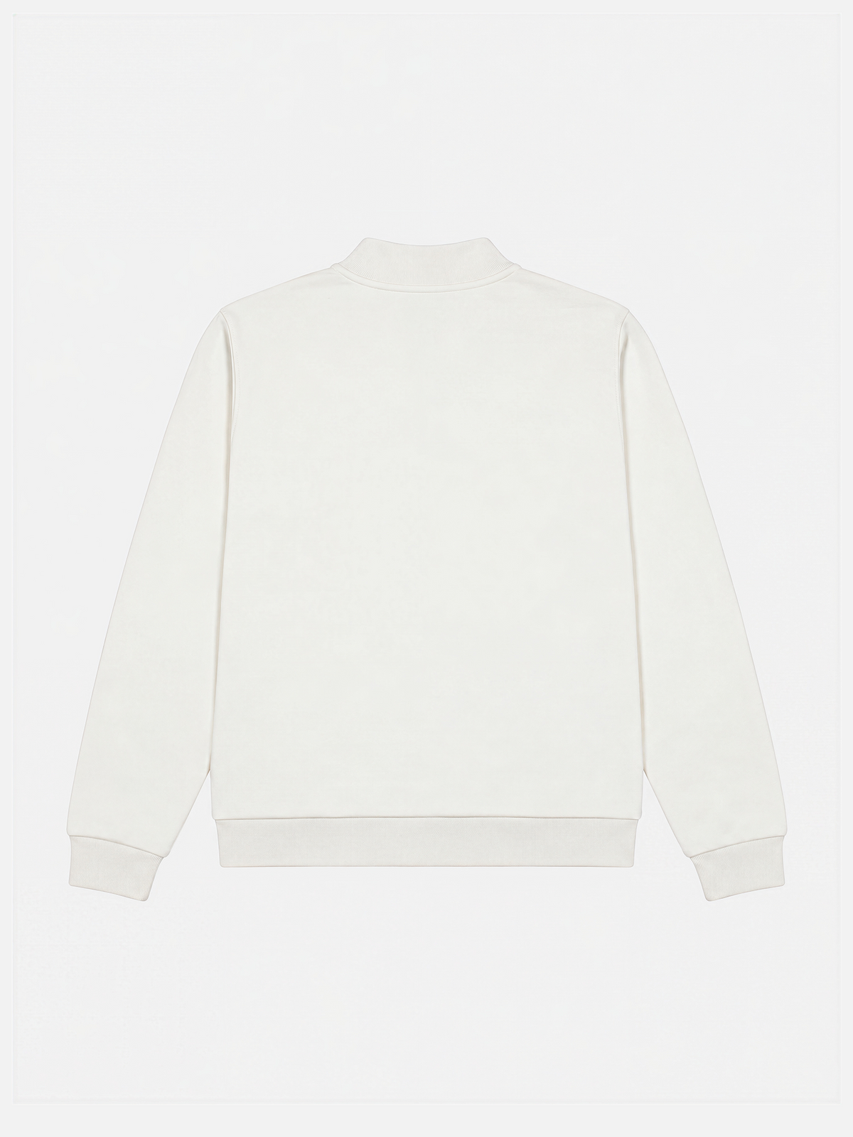 Back view of the Star White Vai Allez Vamos half-zip sweatshirt, laid flat.
