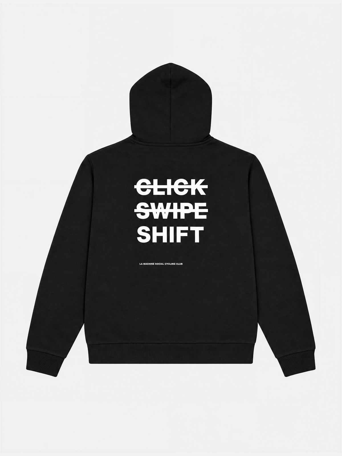 Front view of the Social Cycling Club Hoodie in black, laid flat.