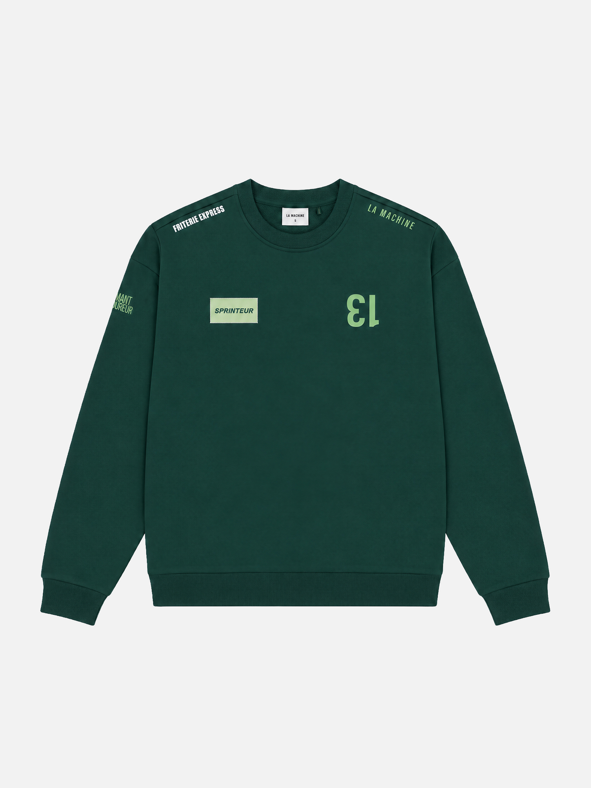 Front view of the Sprinteur sweatshirt in dark green, laid flat.
