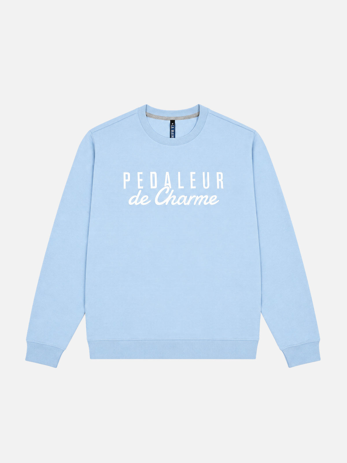 Front view of the light blue Pedaleur de Charme sweatshirt, laid flat.