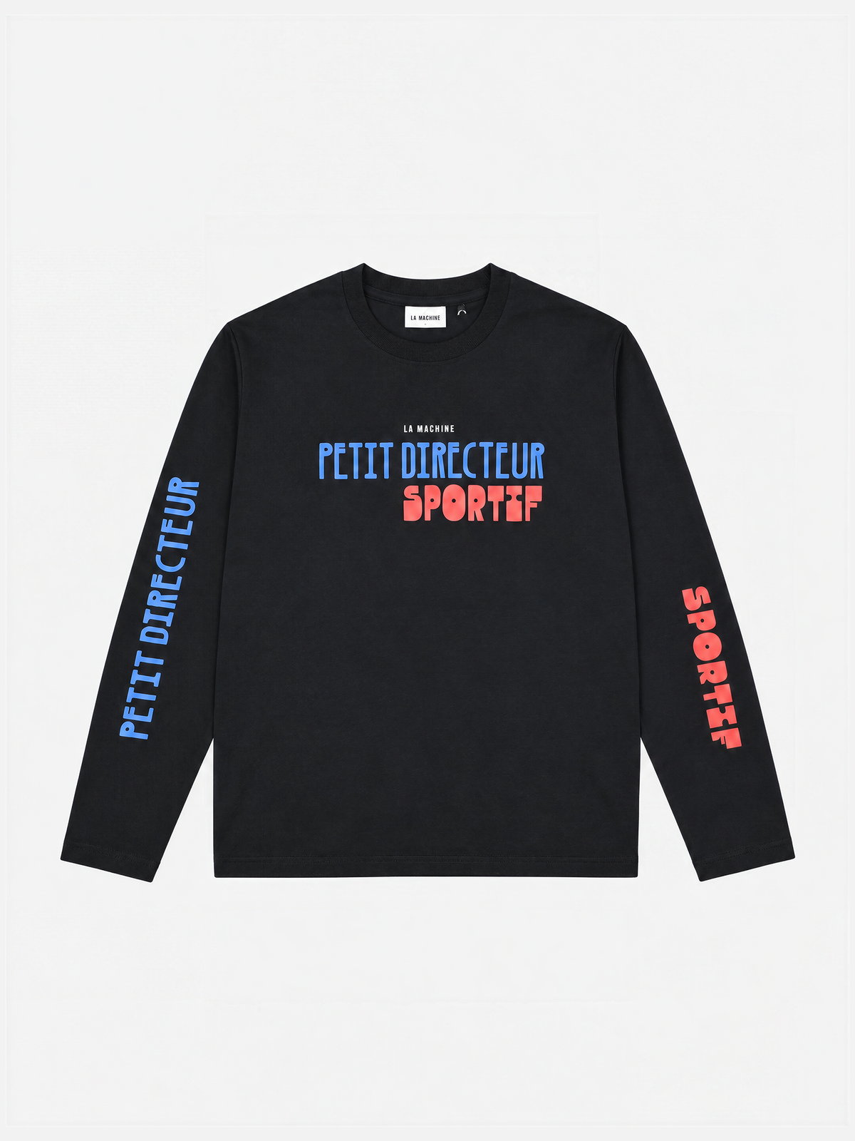 Front view of the Petit Directeur Sportif Longsleeve in navy by La Machine, laid flat.