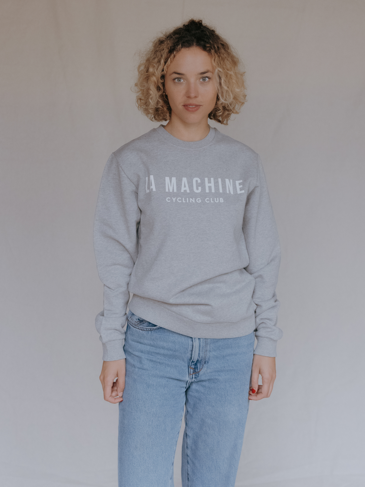 The La Machine Club Line Sweatshirt in grey melange, folded.
