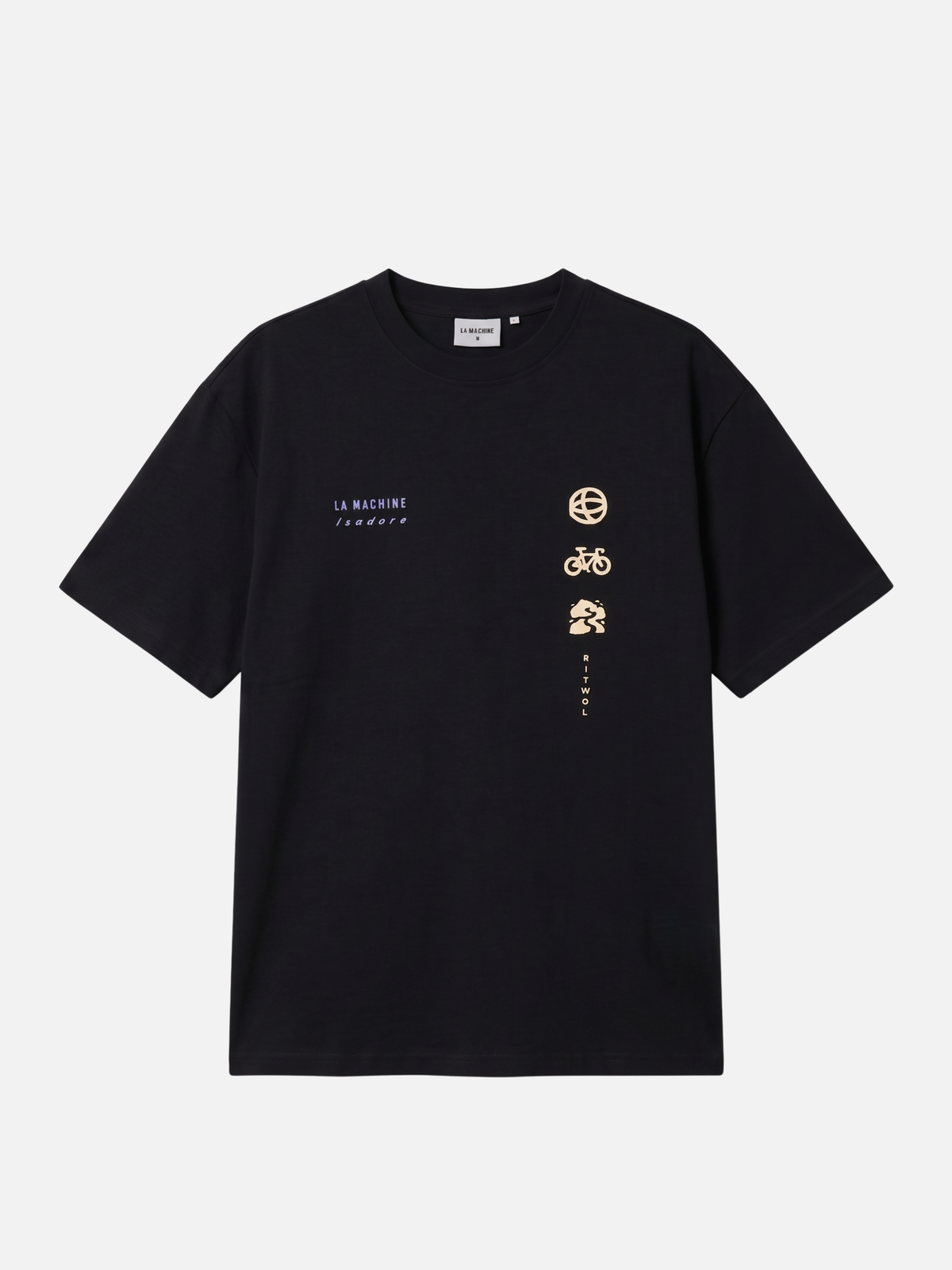 Front view of the black La Machine x Isadore Eye T-shirt, loose fit, laid flat.