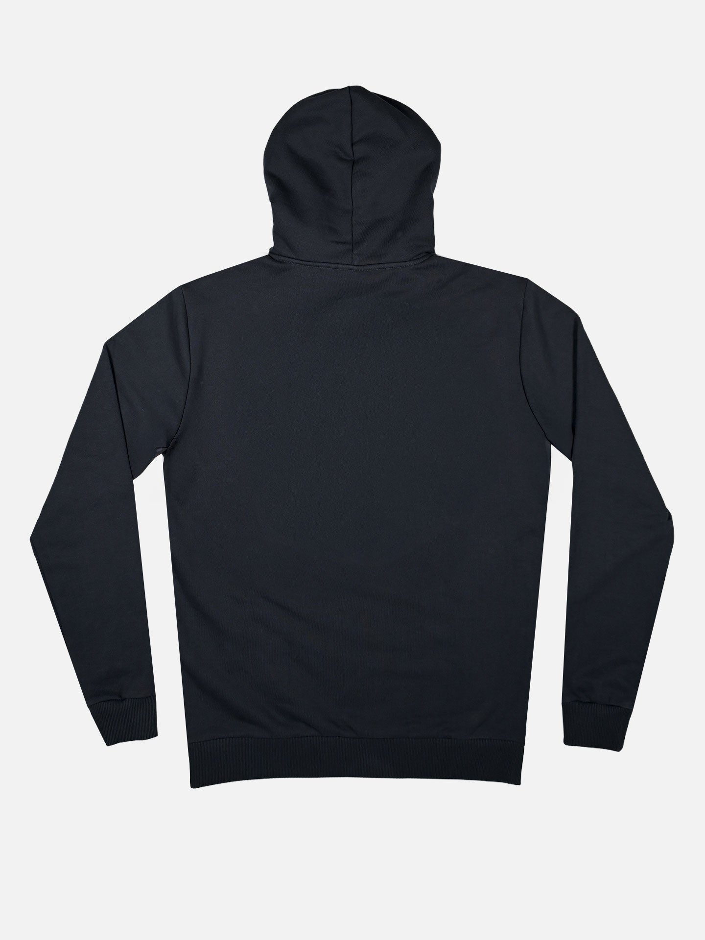 The Ride Hard Rest Hard Hoodie by La Machine Cycle Club is a black unisex sweatshirt shown from the back on a white background, featuring long sleeves and made from 100% cotton with no visible designs or logos.