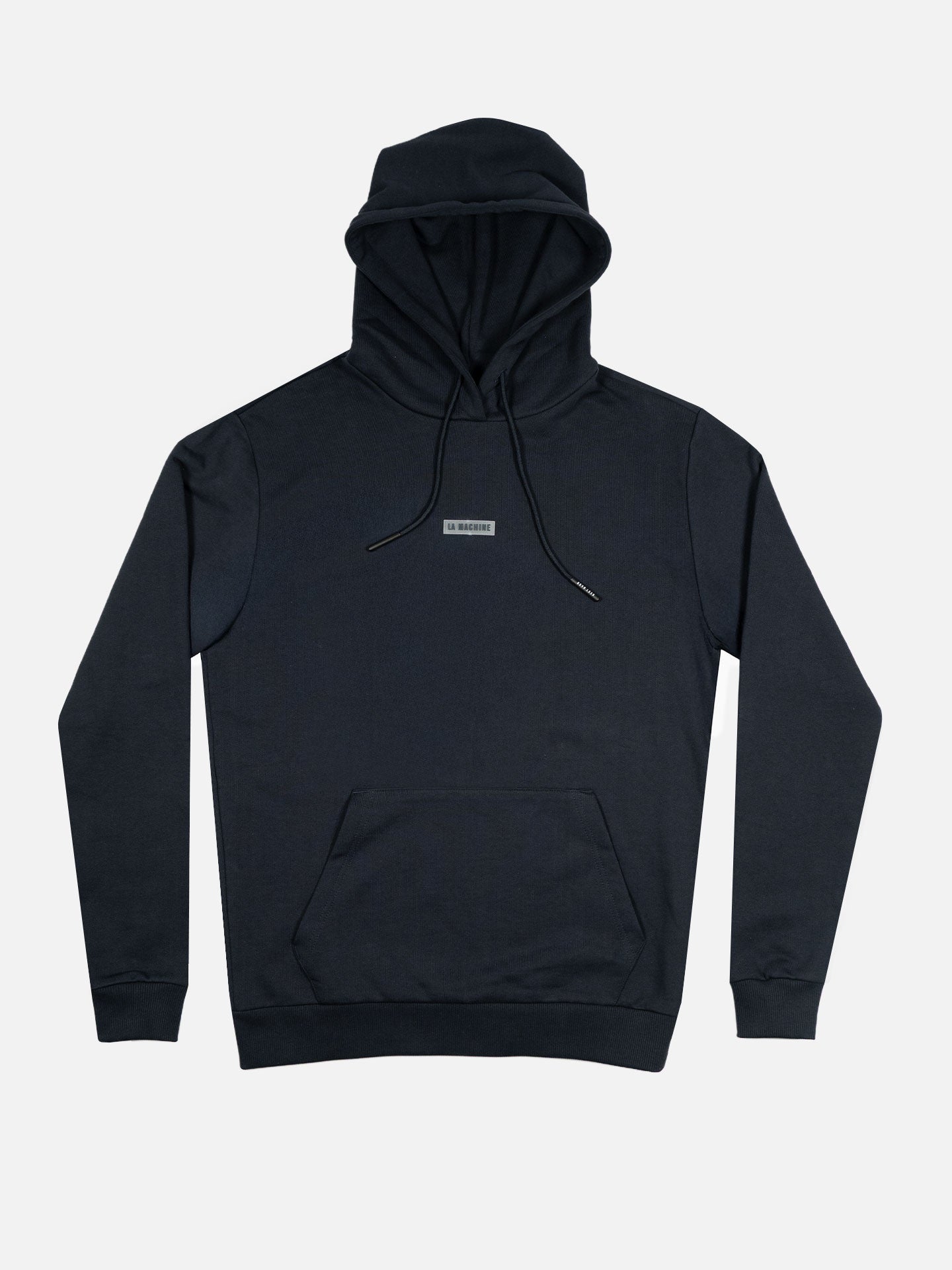 The Ride Hard Rest Hard Hoodie by La Machine Cycle Club is a 100% cotton unisex black hoodie with a front kangaroo pocket, drawstring hood, and small rectangular chest label, shown laid flat on a white background.