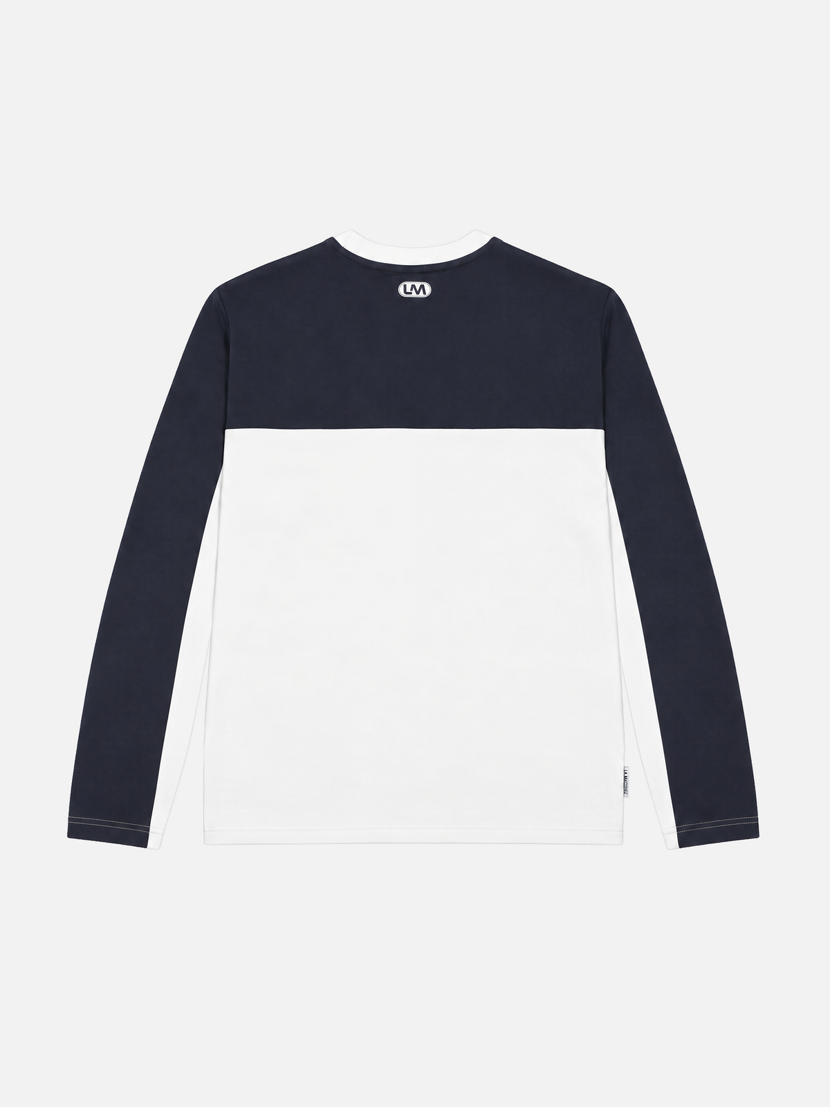 Back view of the Talentless sweatshirt in dark navy blue and off white, laid flat.