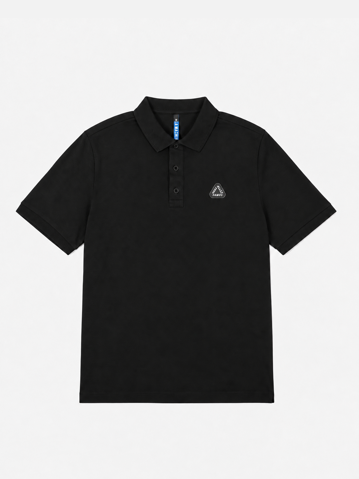 Front view of the Vai Allez Vamos Polo Shirt Black, laid flat.