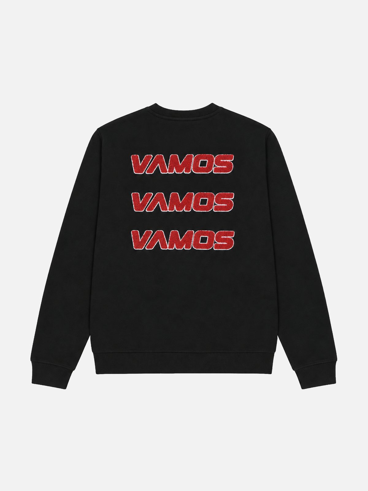 Front view of the Vamos Vamos Vamos sweatshirt in black, laid flat.