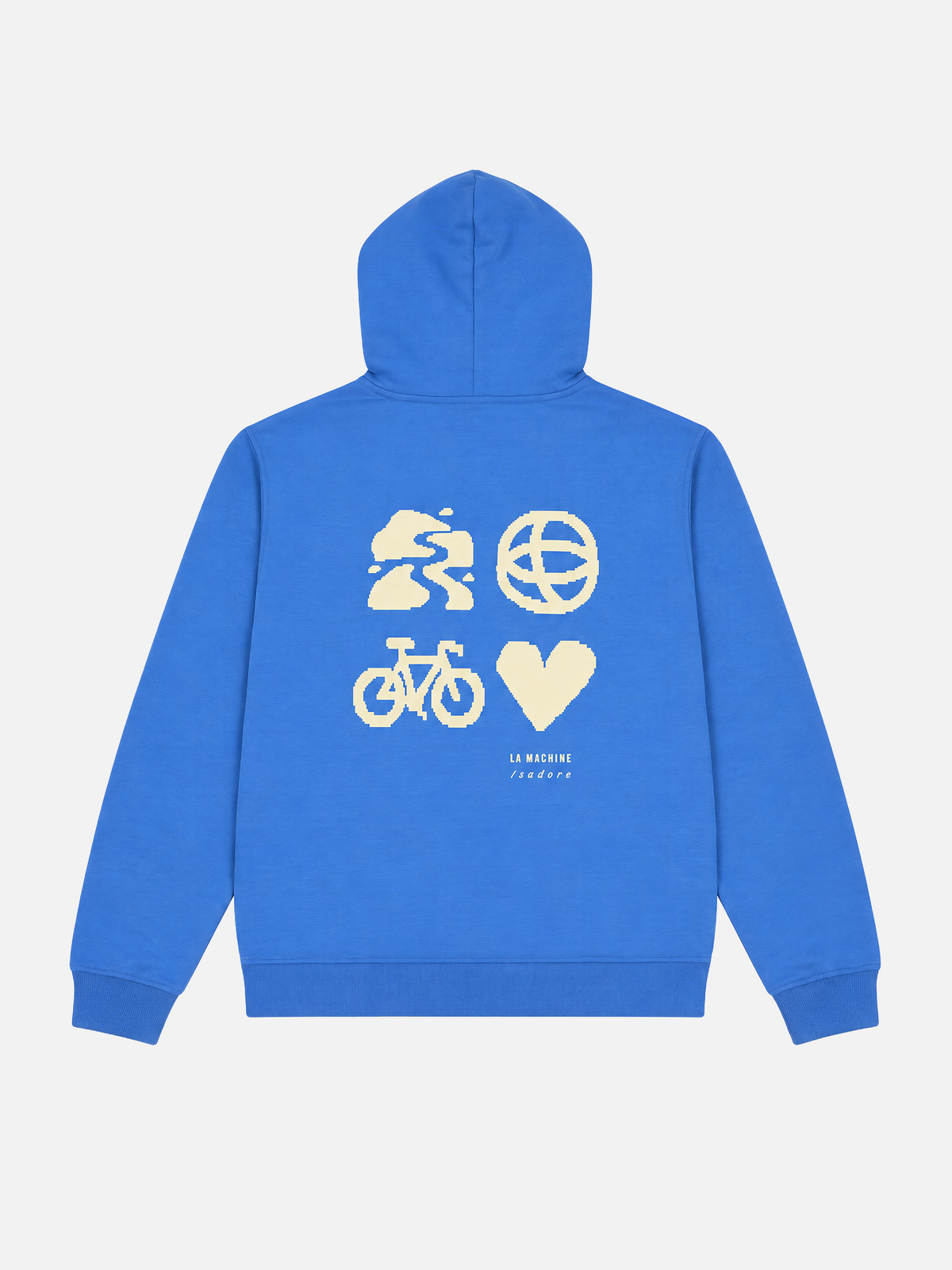 Close-up of the chest print on the blue La Machine x Isadore Way of Life hoodie.