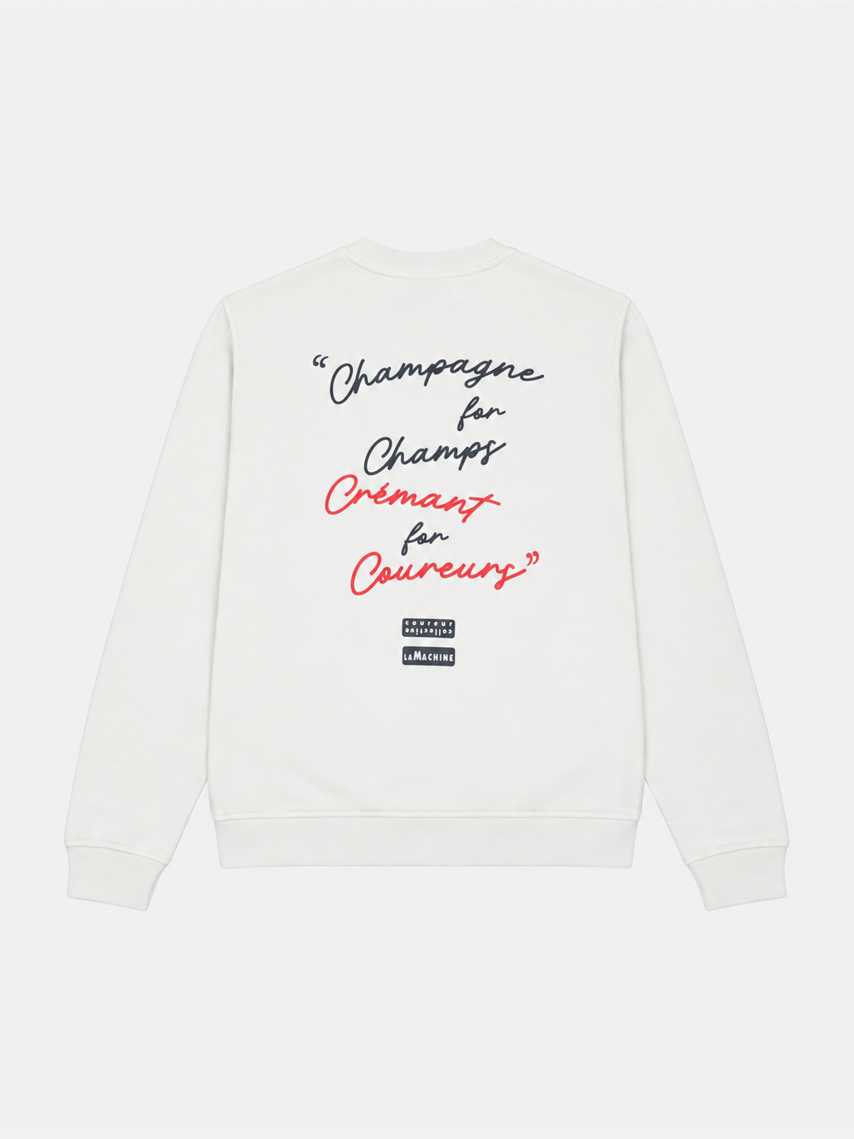 Detail of the print on the Crémant for Coureurs sweatshirt in off white.