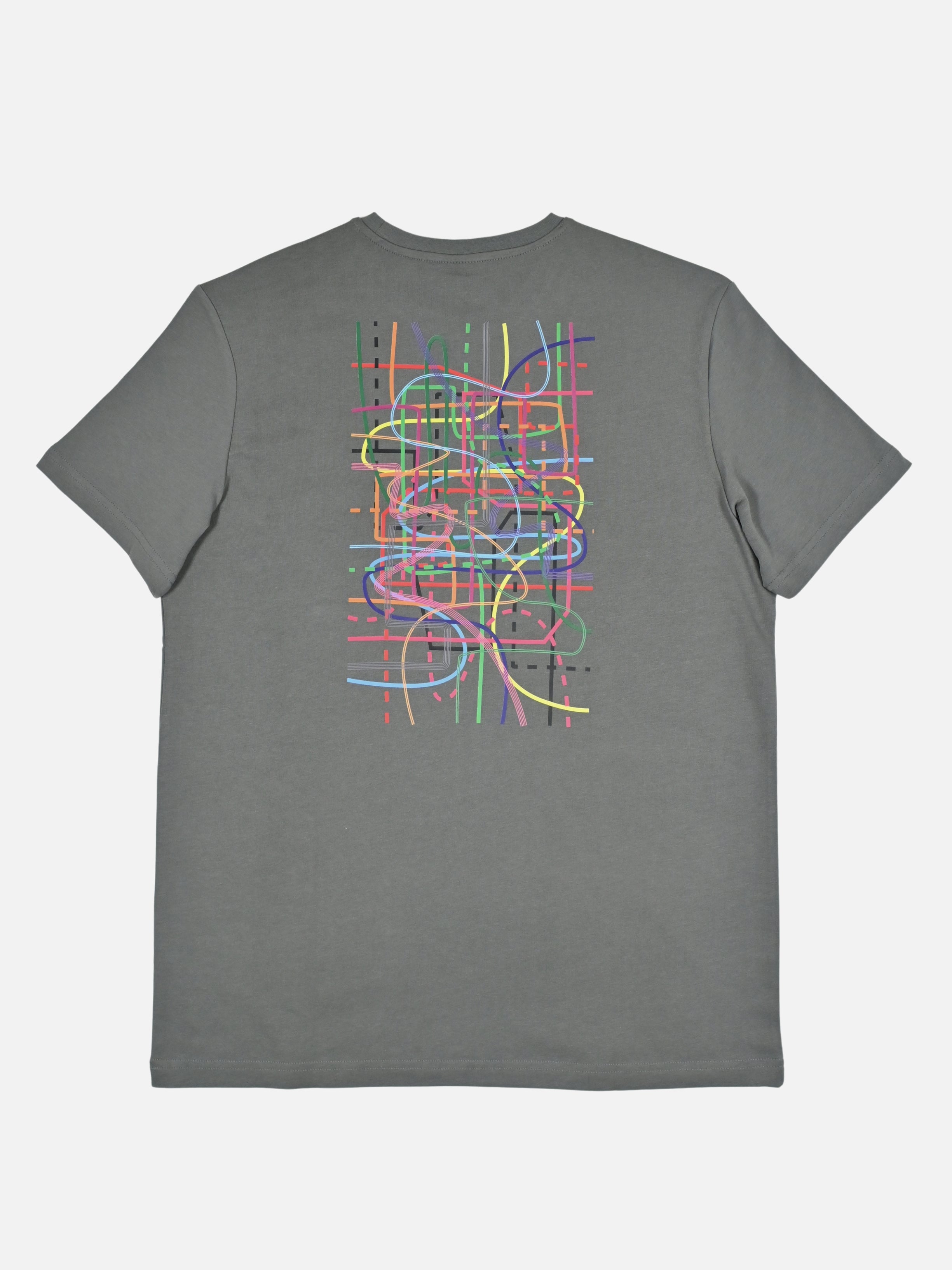 Detail view of the Alpe D'Huez Subway - T-shirt - Steel Grey by La Machine Cycle Club.