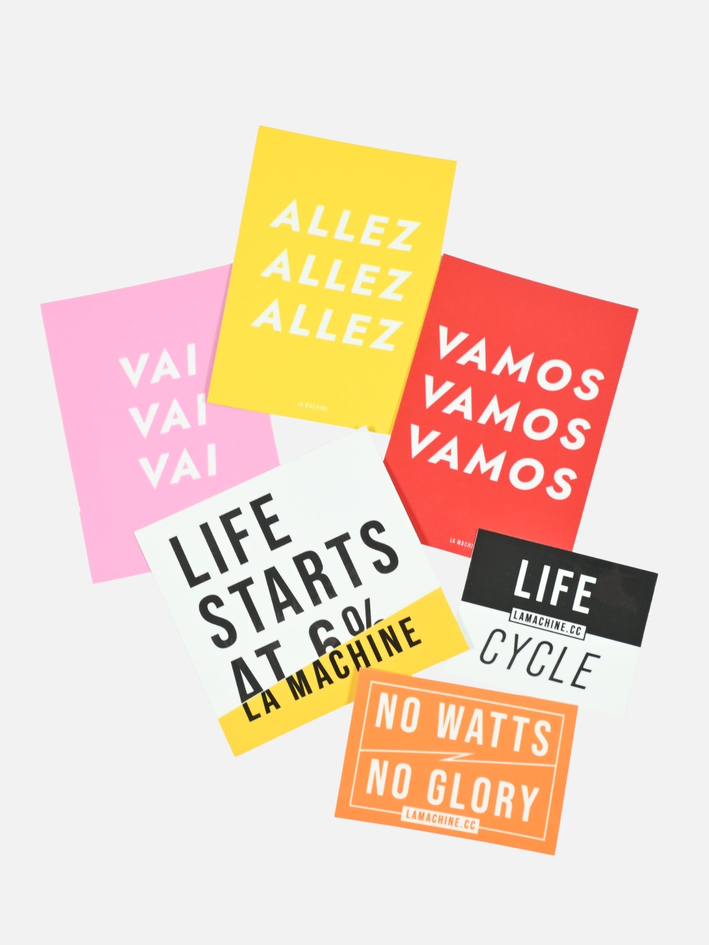 La Machine sticker set of six, featuring cycling-culture designs from the brand, shown on a plain background.