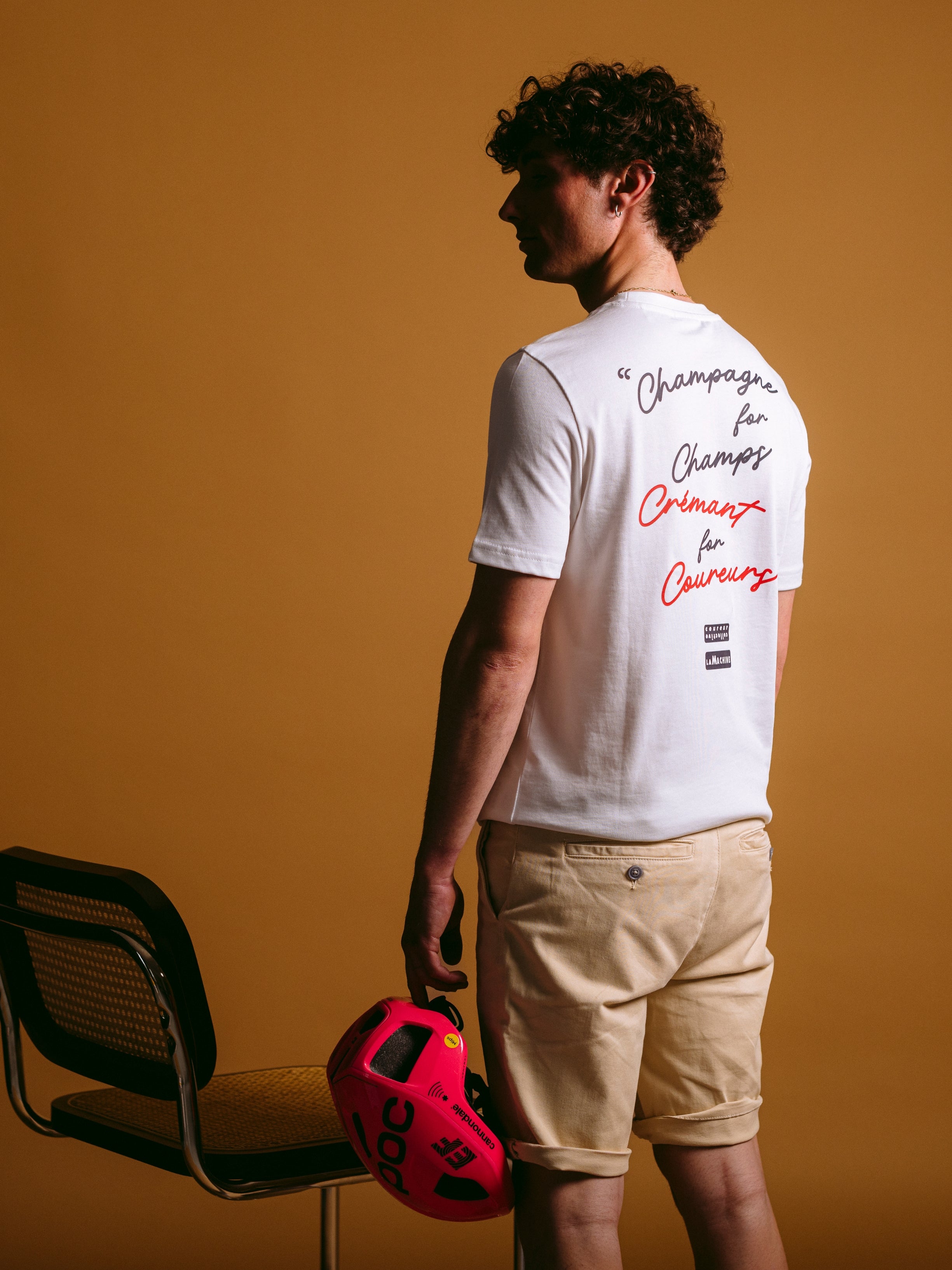 The Crémant for Coureurs - T-shirt by La Machine Cycle Club, shown from another angle.