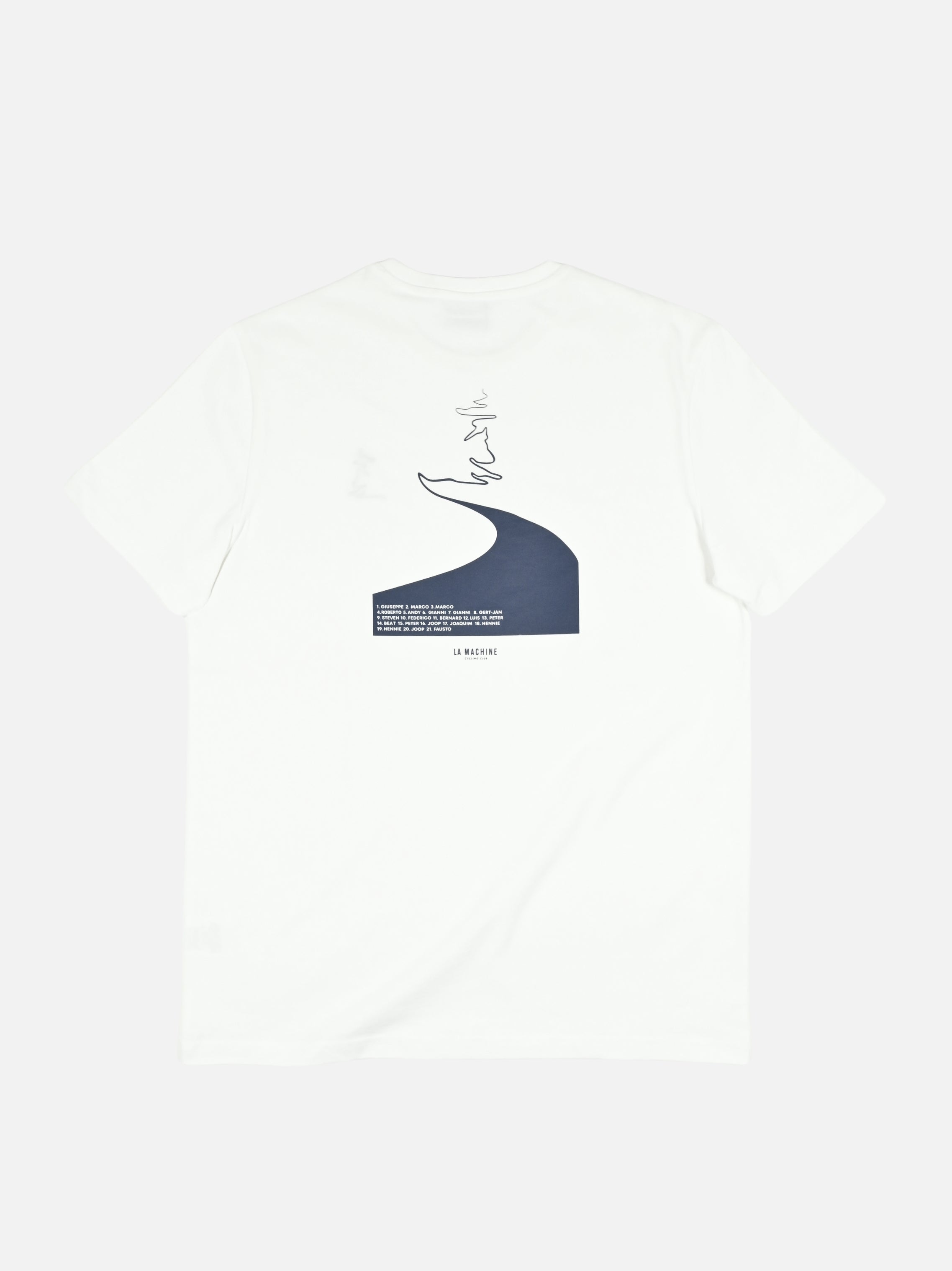 Off-white D'Huez Heaven t-shirt by La Machine, with a graphic tracing the steep elevation profile of Alpe d'Huez — the mythical 'Dutch Mountain'.