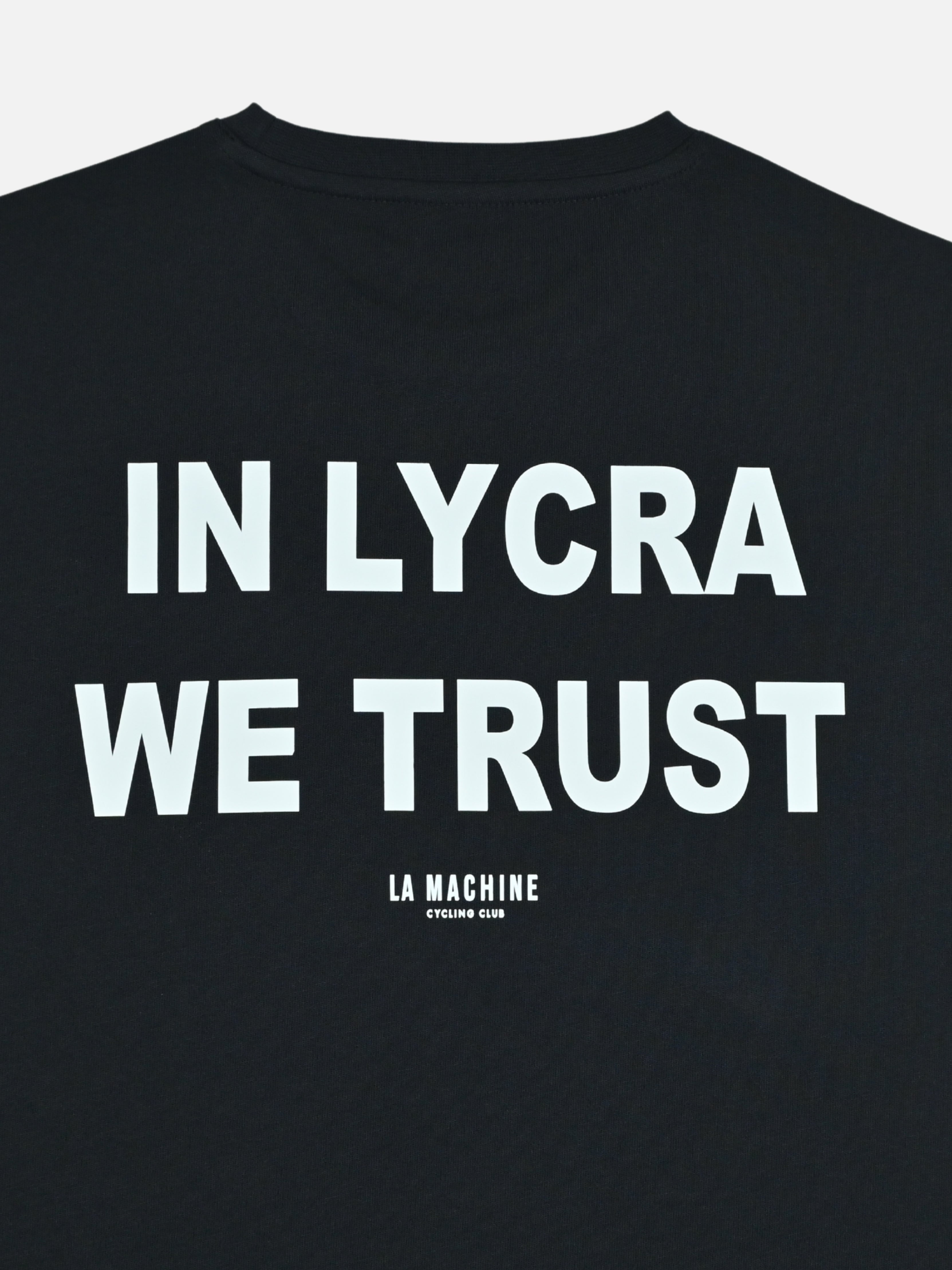 The In Lycra We Trust - T-shirt - Dark Navy Blue by La Machine Cycle Club, shown from another angle.