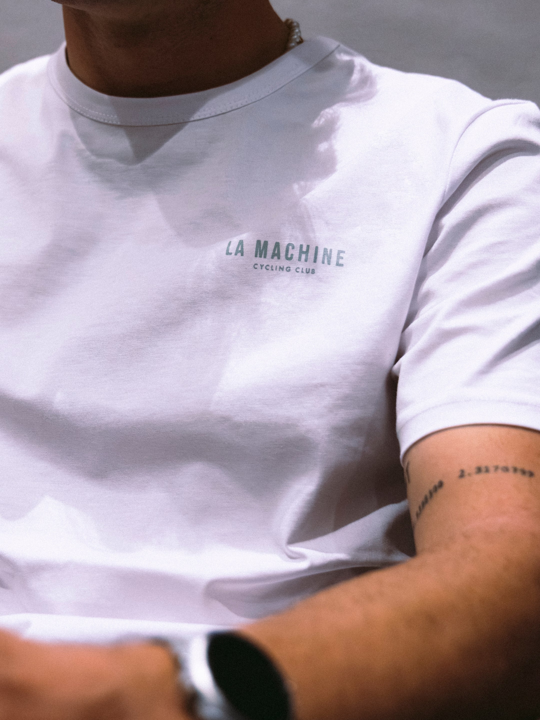 Detail view of the La Machine Club Line T-shirt - Bright White by La Machine Cycle Club.