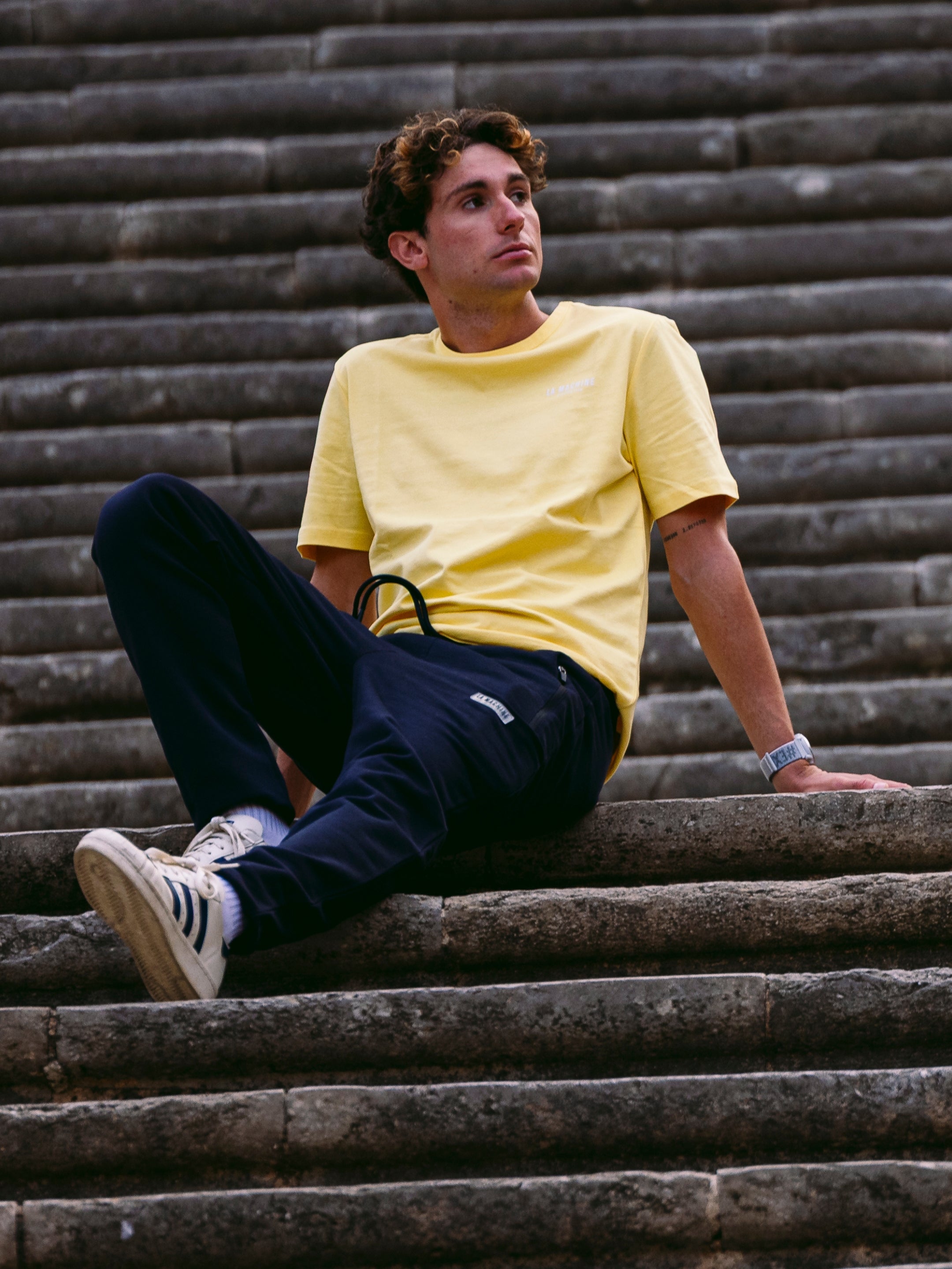 The La Machine Club Line T-shirt - Jaune by La Machine Cycle Club, shown from another angle.