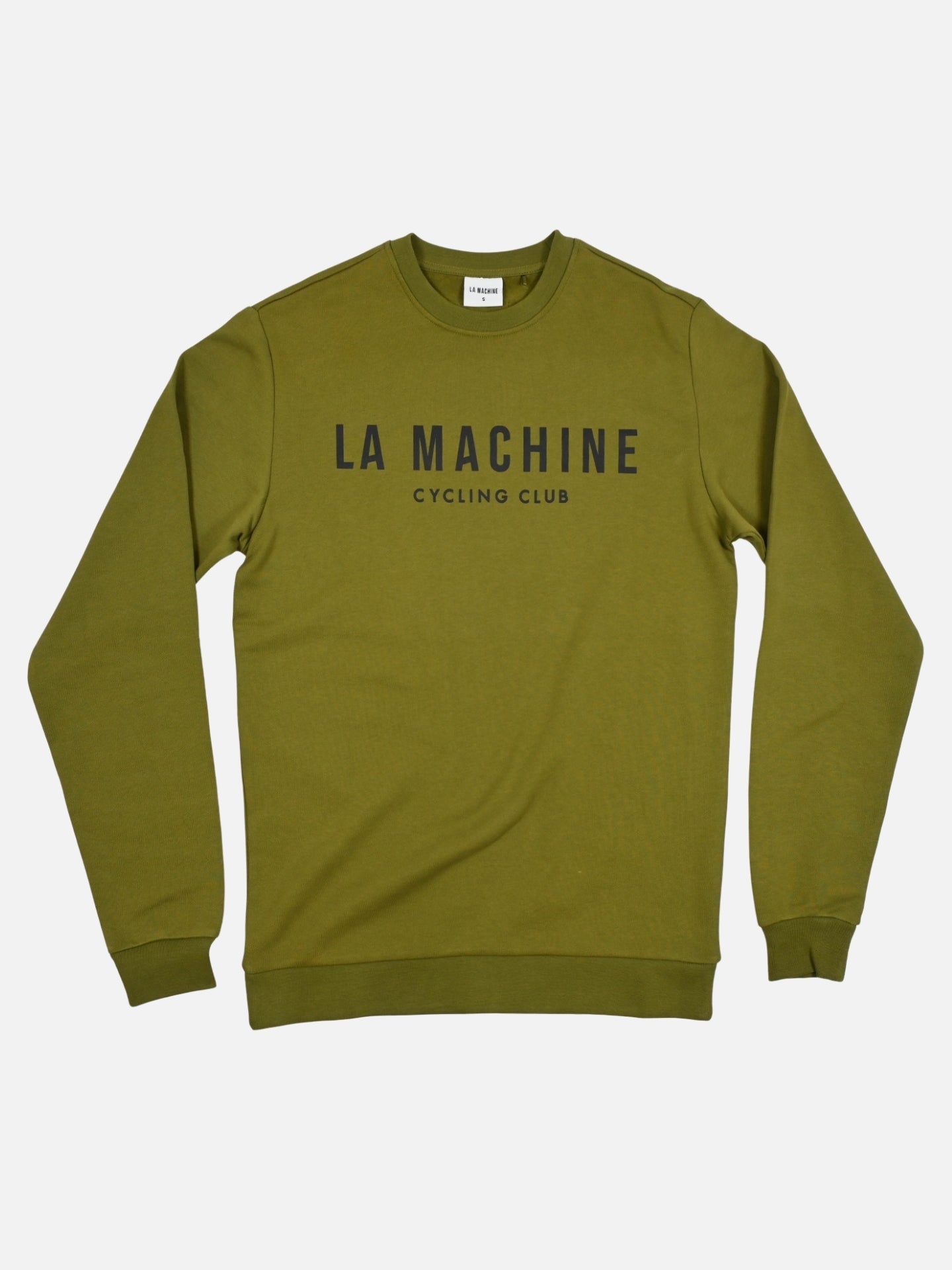 La Machine Club Line sweatshirt in olive with a small embroidered La Machine logo, shown on a plain background.