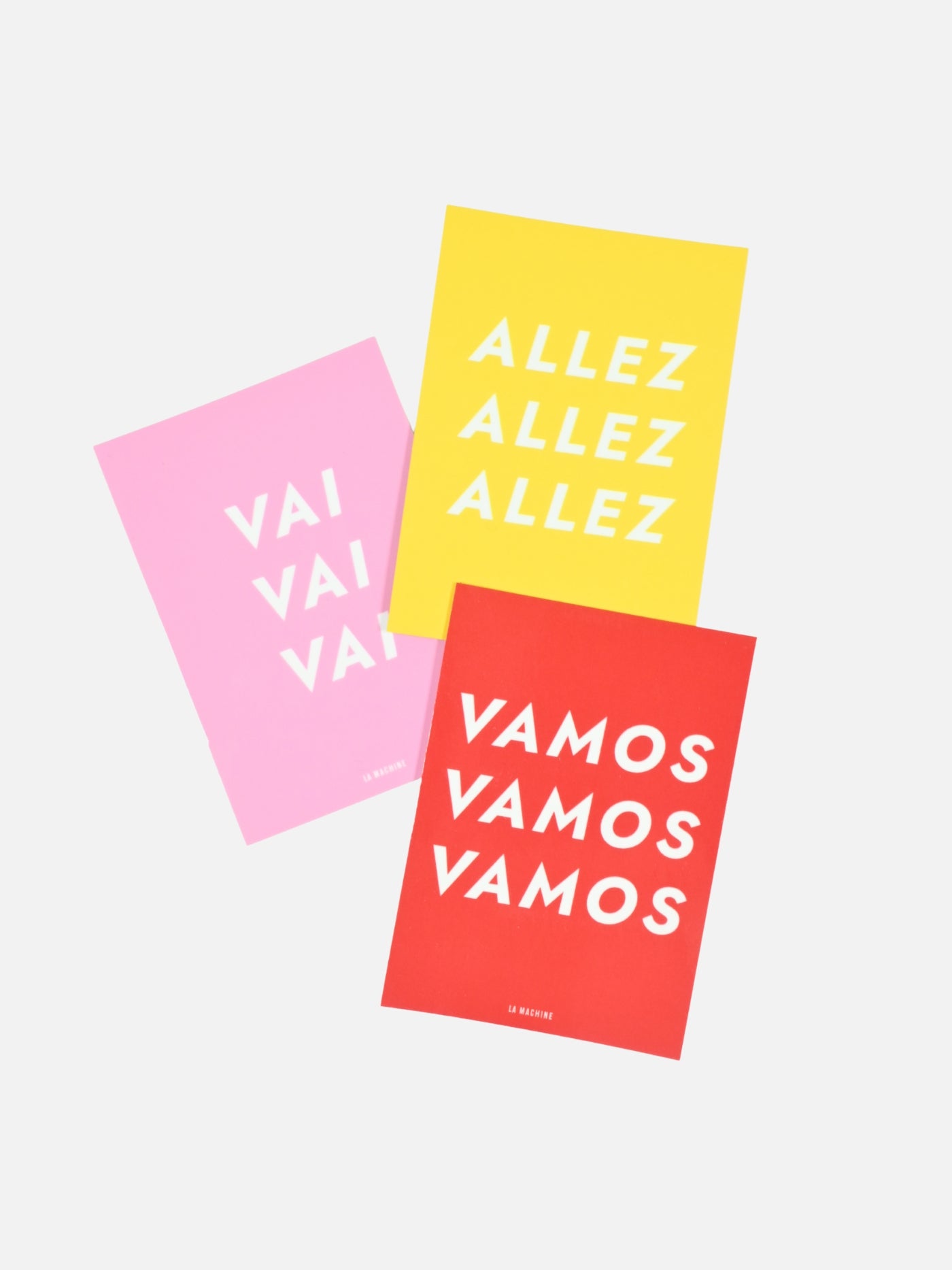 La Machine Vai Allez Vamos sticker set of three, celebrating the three Grand Tours, shown on a plain background.