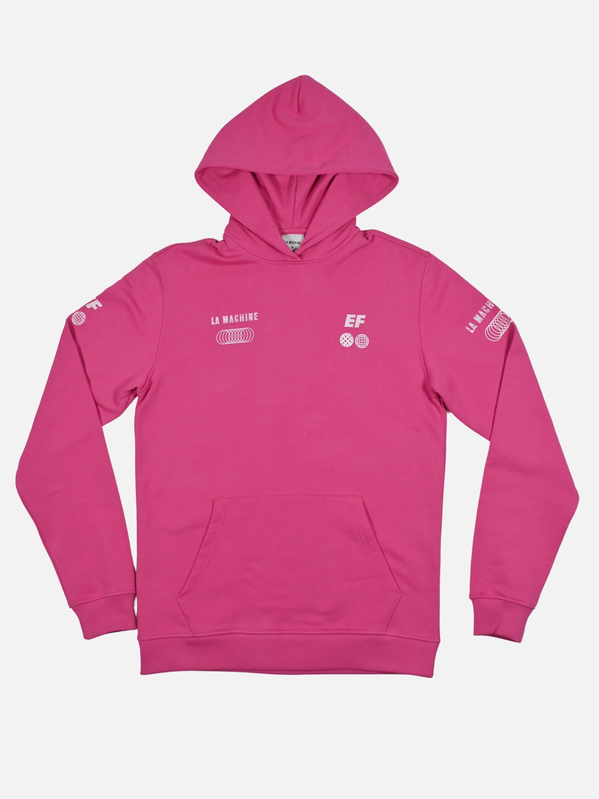 A pink La Machine x EF Pro Cycling Globe hoodie with the collaboration graphic, shown on a plain background.