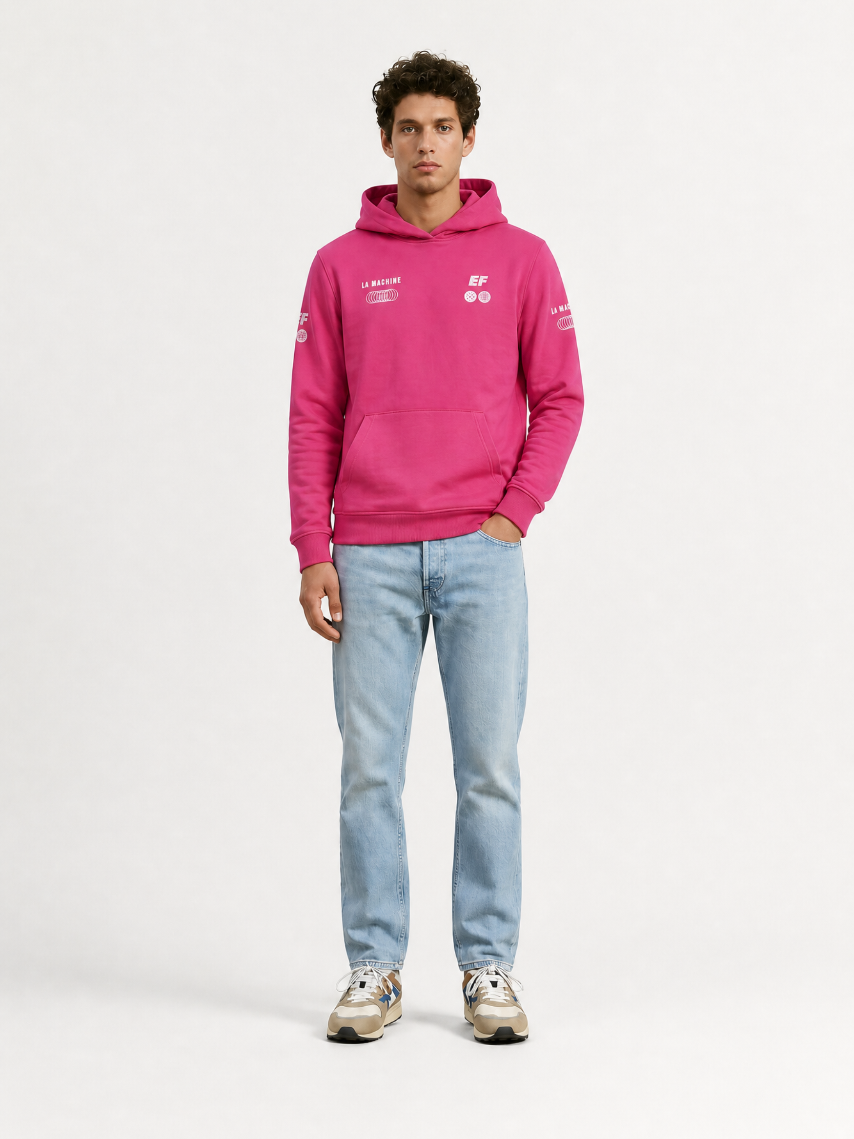 The La Machine X EF Pro Cycling - Globe Hoodie - Pink by La Machine Cycle Club, shown from another angle.