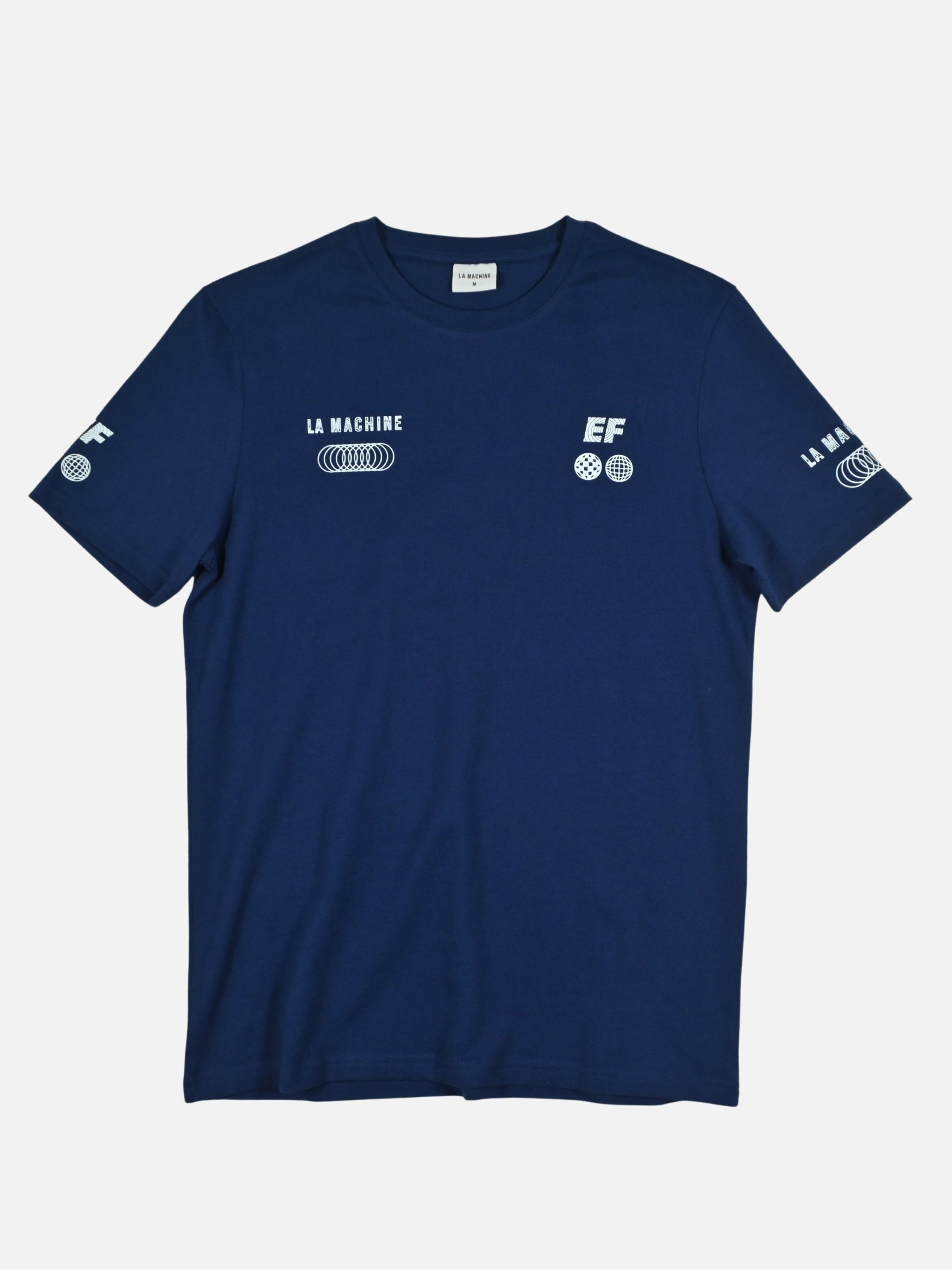 A dark navy blue La Machine x EF Pro Cycling Globe T-shirt with the collaboration graphic, shown on a plain background.