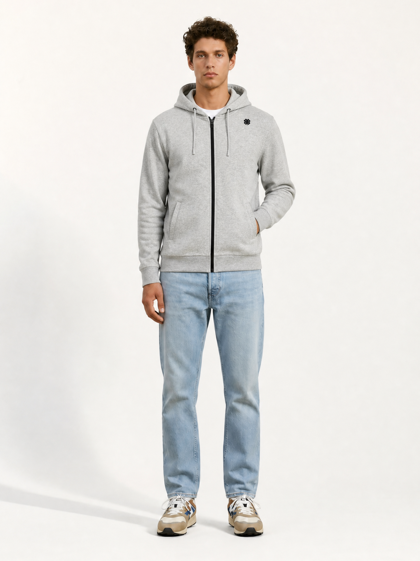 The Lucky 13 - Zipped Hoodie - Melange Grey by La Machine Cycle Club, shown from another angle.