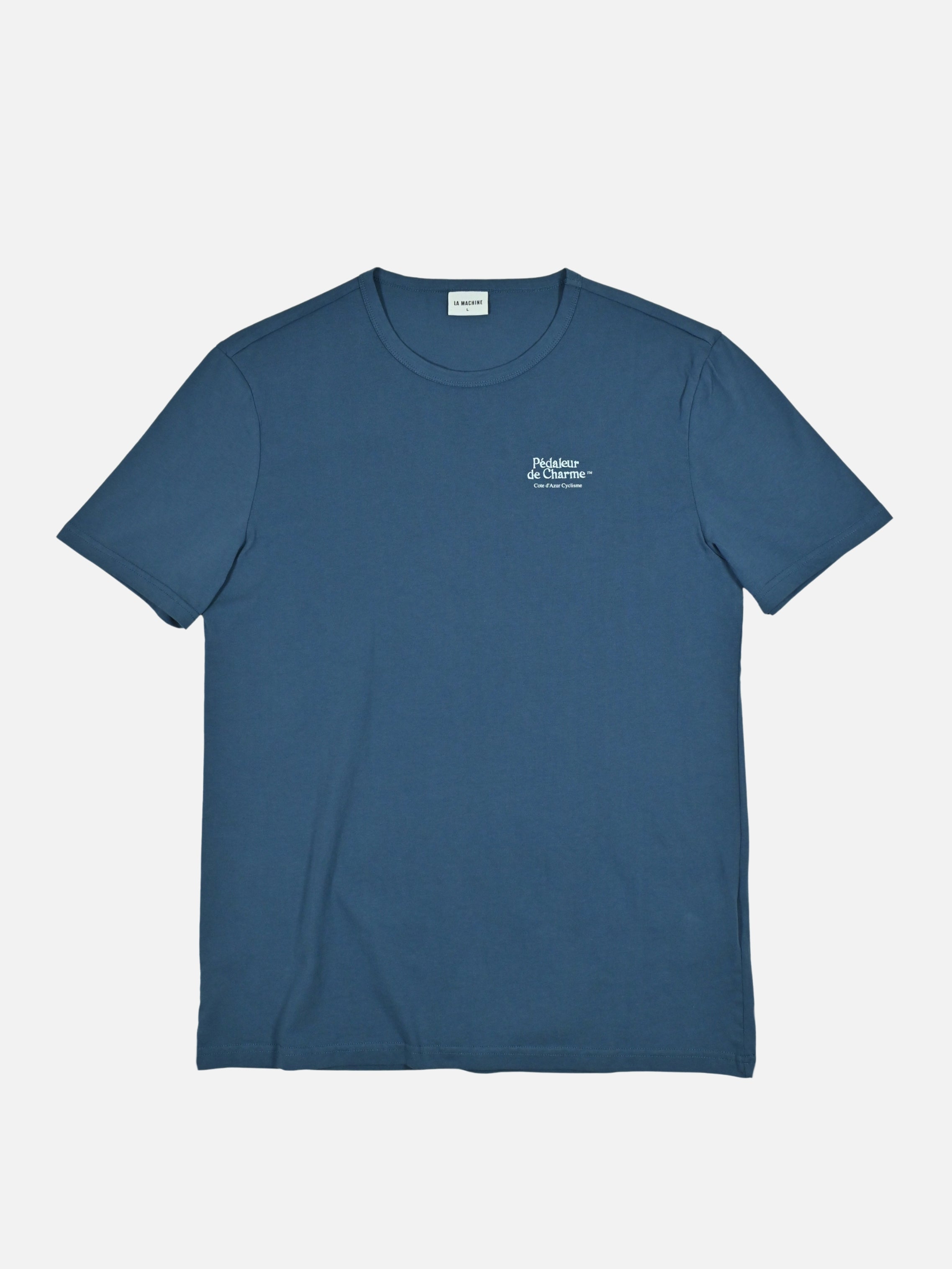 Saragossa Sea Pedaleur de Charme embroidered t-shirt by La Machine honouring Hugo Koblet, shown flat on a plain background.